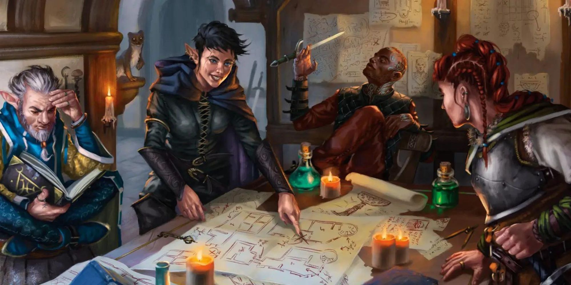A group of adventurers chart together a detailed plan around a meeting table