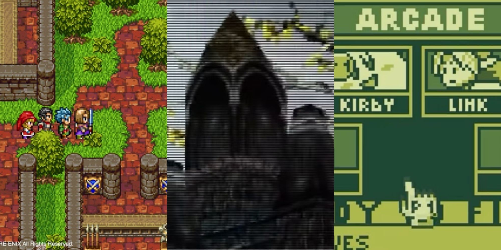 The party travelling through a 2D town in Dragon Quest 11, an overview of Bloodborne PSX, and the roster of Super Smash Land