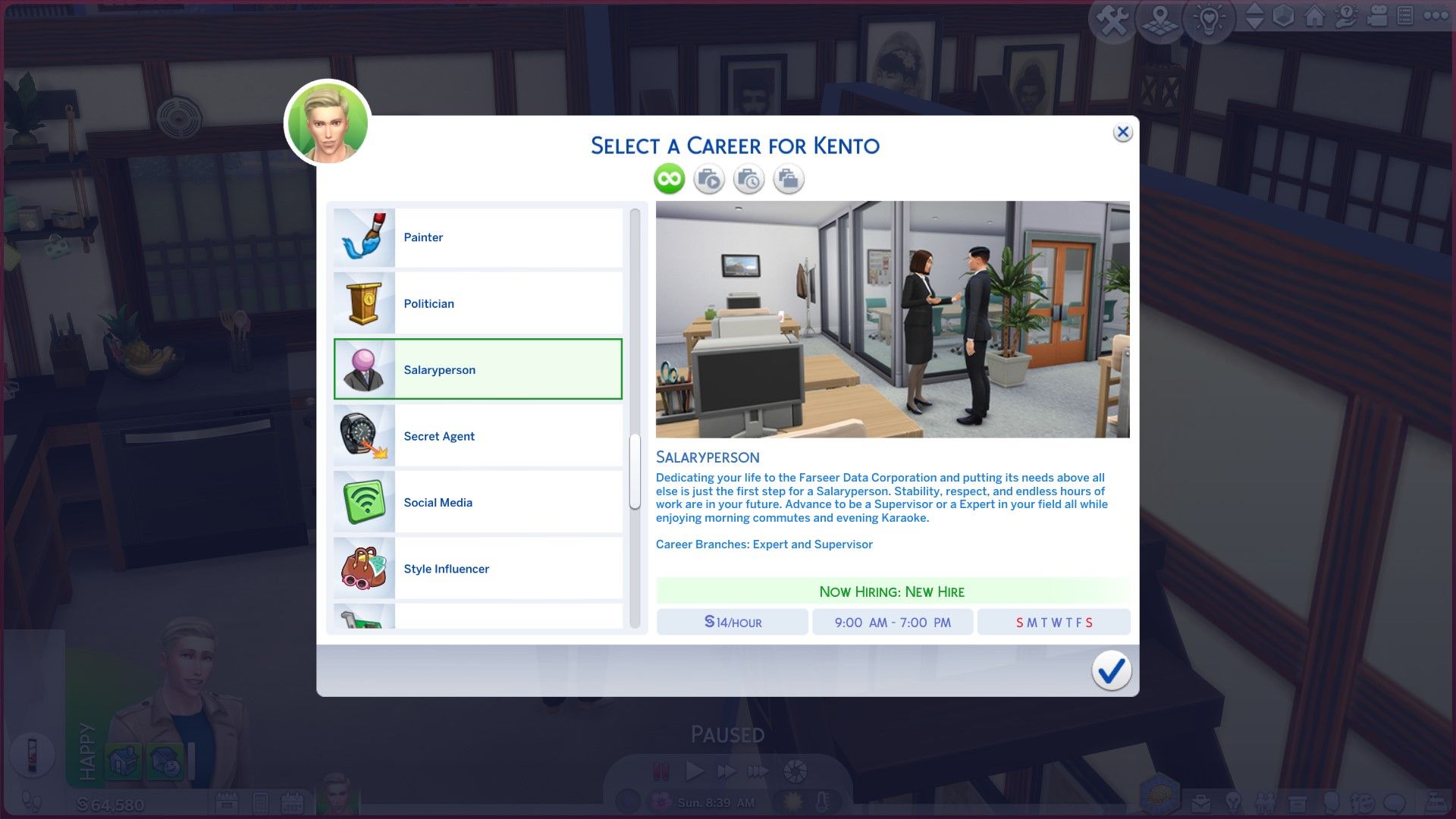 The Sims 4: A screenshot of the career selection menu with the Salary Person career highlighted