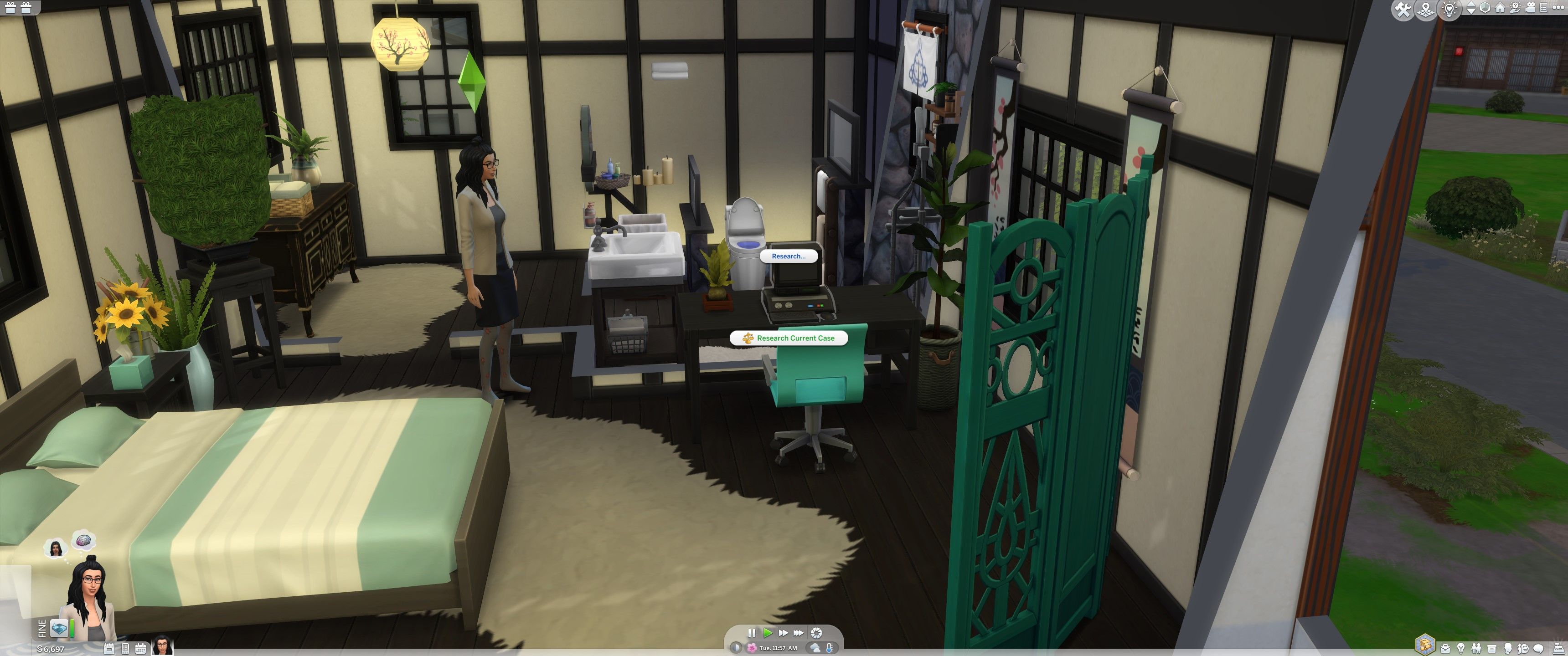 The Sims 4: A Sim gets ready to do some research on her computer