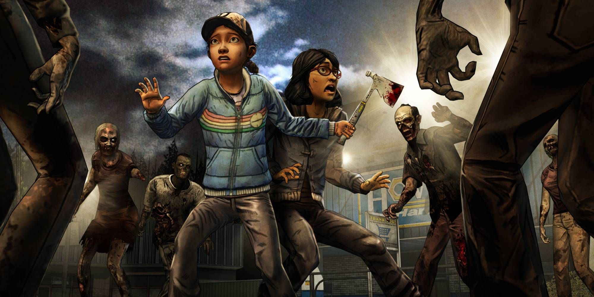 Clementine and Sarah surrounded by walkers in The Walking Dead