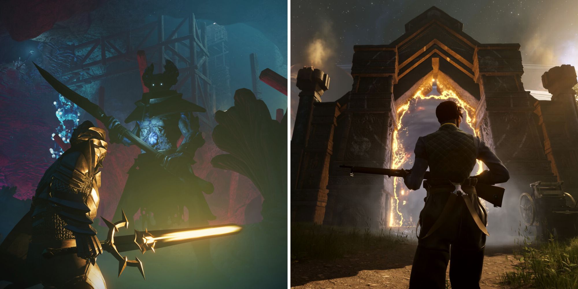 Sword-wielding Flameborn faces a Fell Thunderbrute in Enshrouded; Realmwalker holds a rifle while facing a newly opened portal in Nightingale