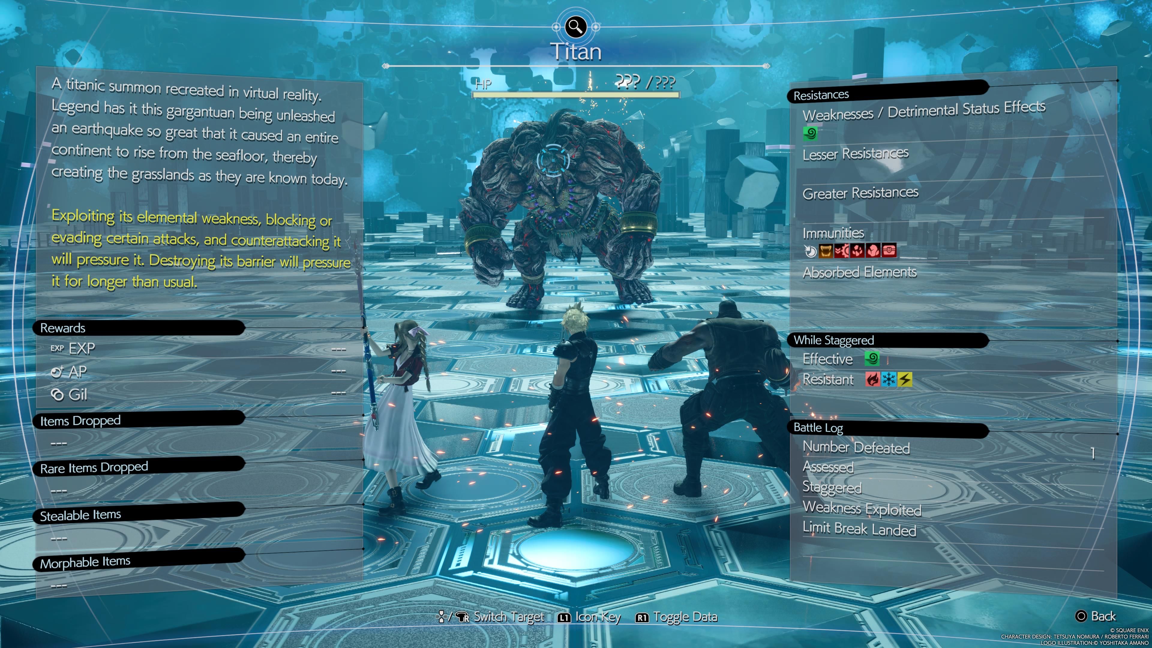Titan battle information via assess in the combat simulator in FF7 Rebirth