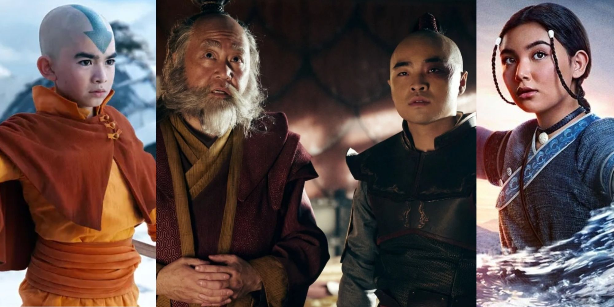 Live Action References in the Netflic series, from the left, Gordon Cormier as Aang, Paul Sun-Hyung Lee as Uncle Iroh, Dallas Liu Prince Zuko, and Kiawentiio as Katara