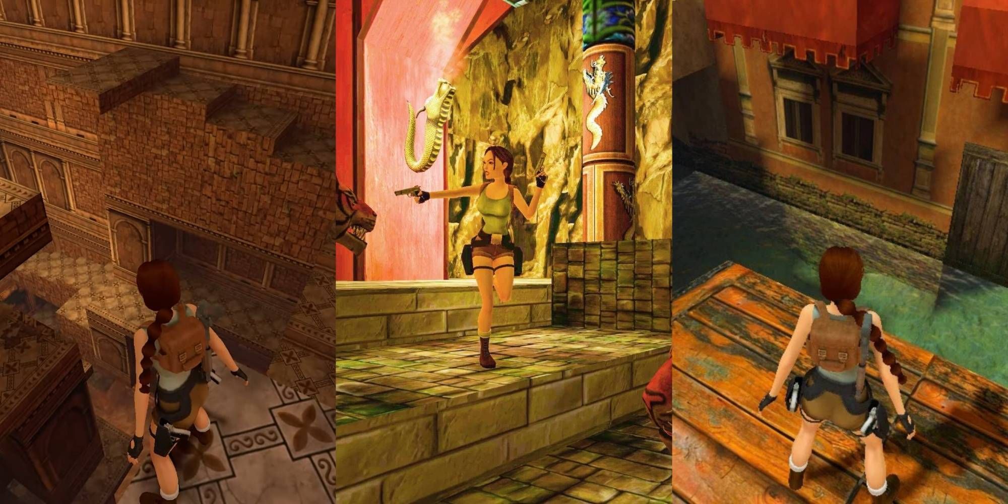 A collage of images of Lara Croft in different places from tombs to canals of Tomb Raider 1-3 Remastered