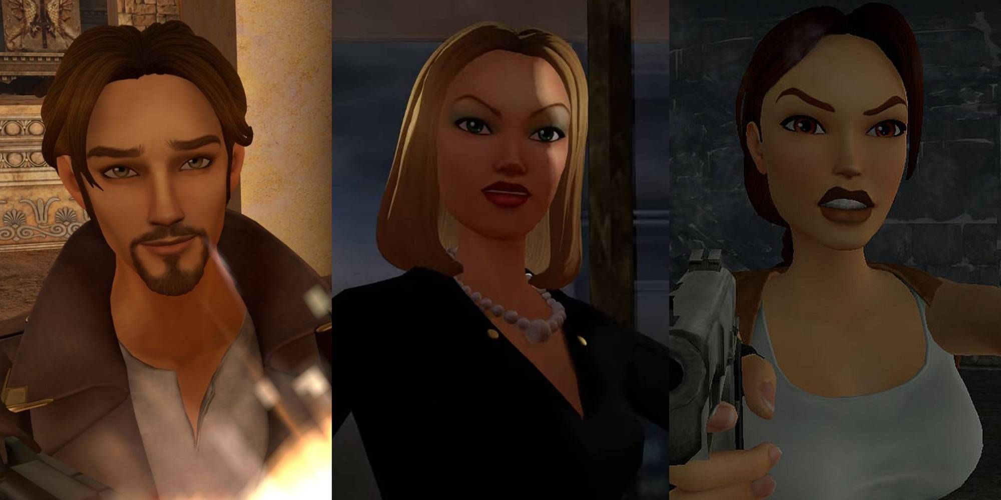 A collage of Tomb Raider 1-3 Remastered characters including Pierre Dupont, Sophia Leigh and Lara Croft