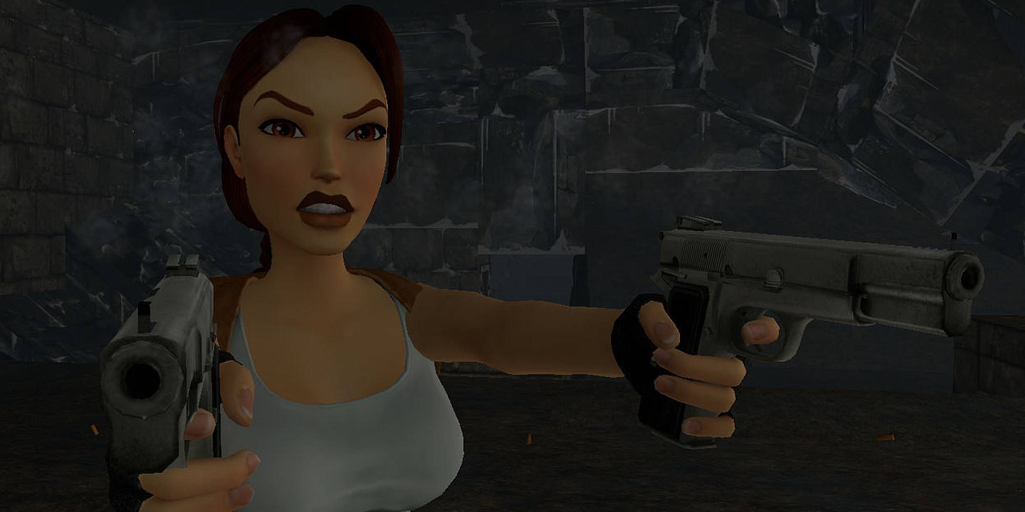 Lara Croft holding her dual pistols in Tomb Raider 1-3 Remastered