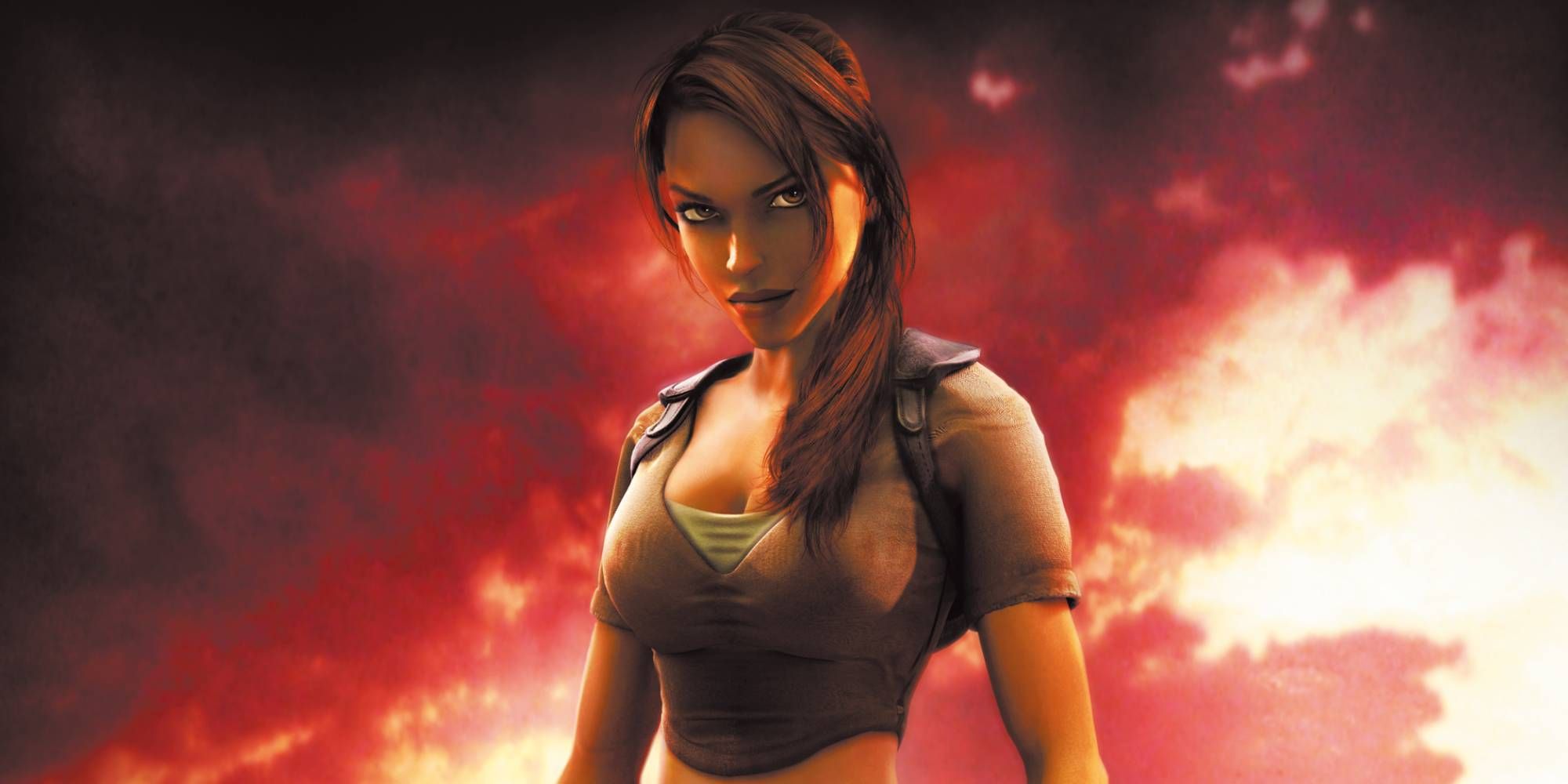 Lara Croft posando frente a una puesta de sol para el arte promocional de Tomb Raider Legend