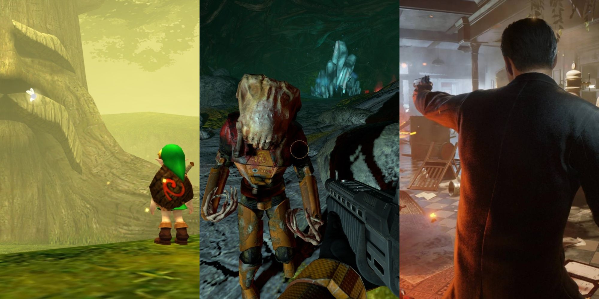 A collage of images from Ocarina Of Time 3D, Black Mesa and Mafia Definitive Edition