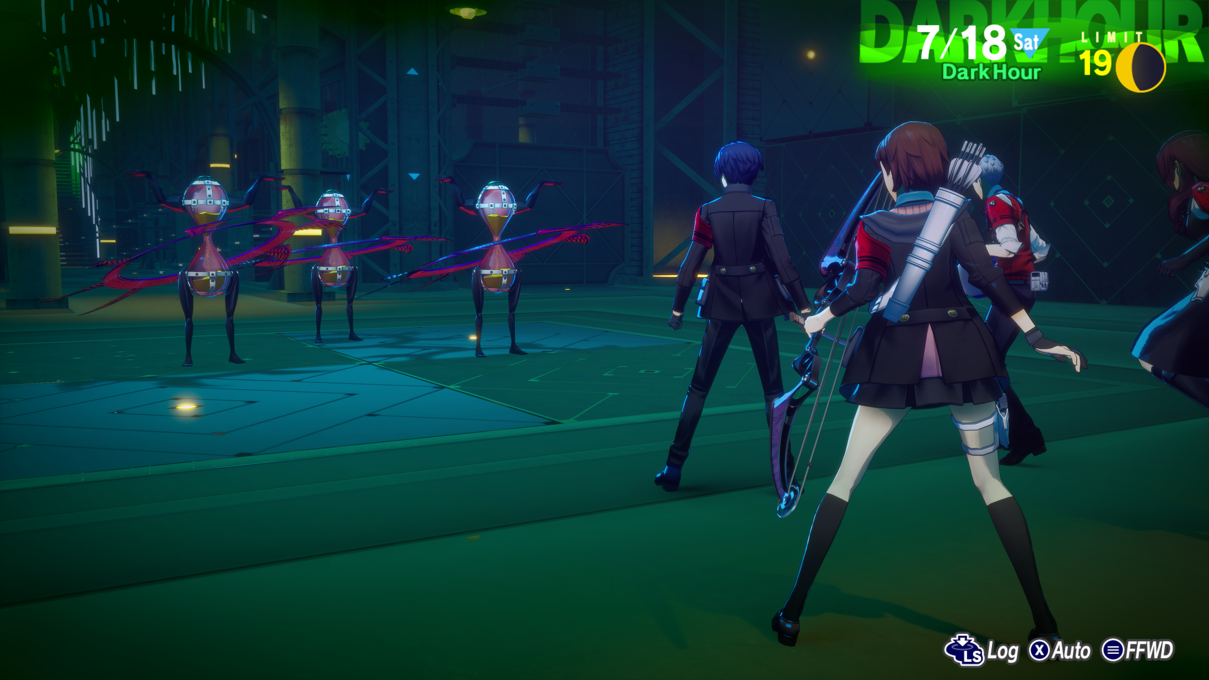 Makoto, Yukari, and Akihiko commencing battle with Persona 3 Reload Gatekeeper Ochlocratic Sand