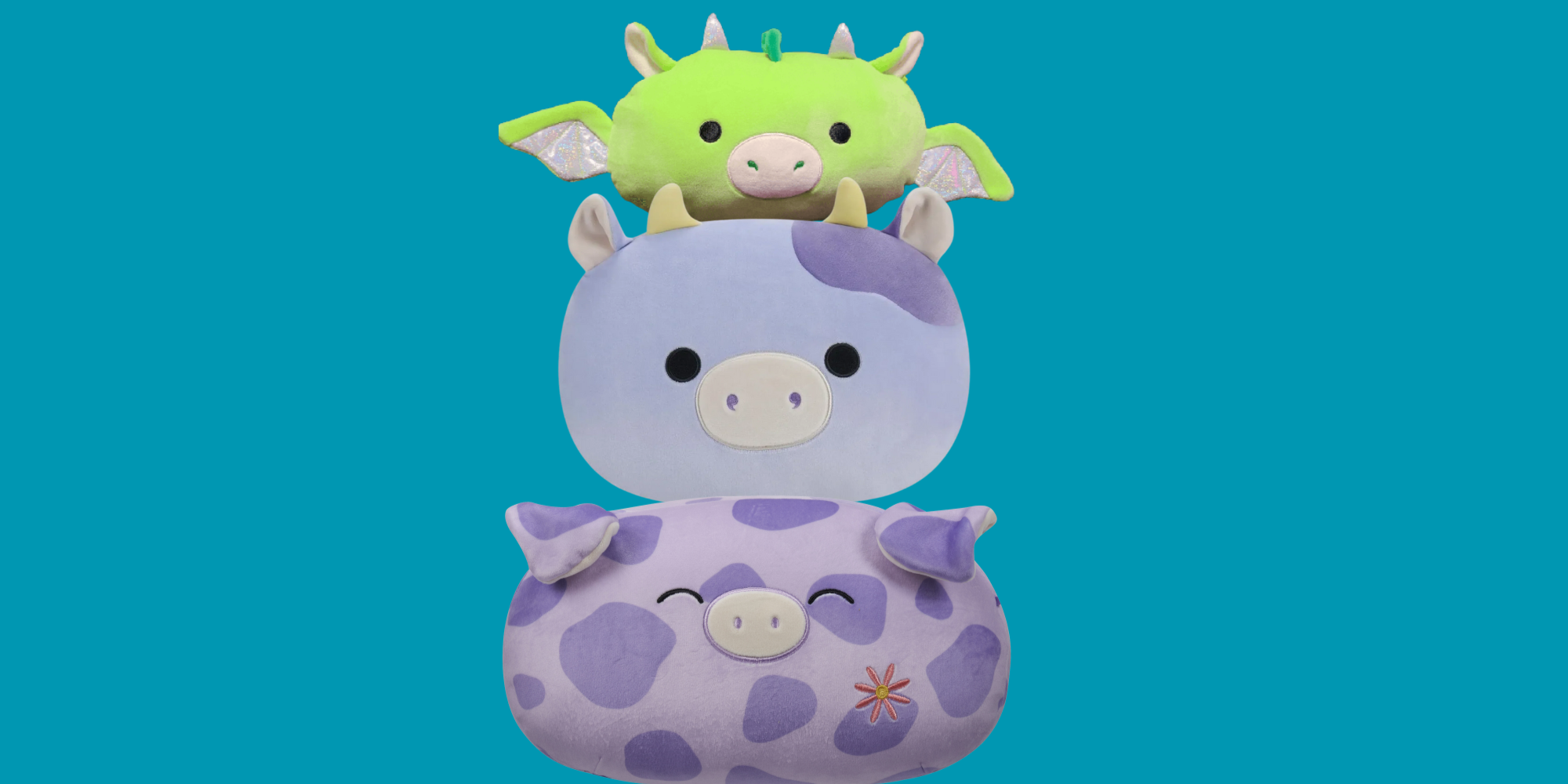 Three Squishmallows Stackables Stacked on Top of Each Other