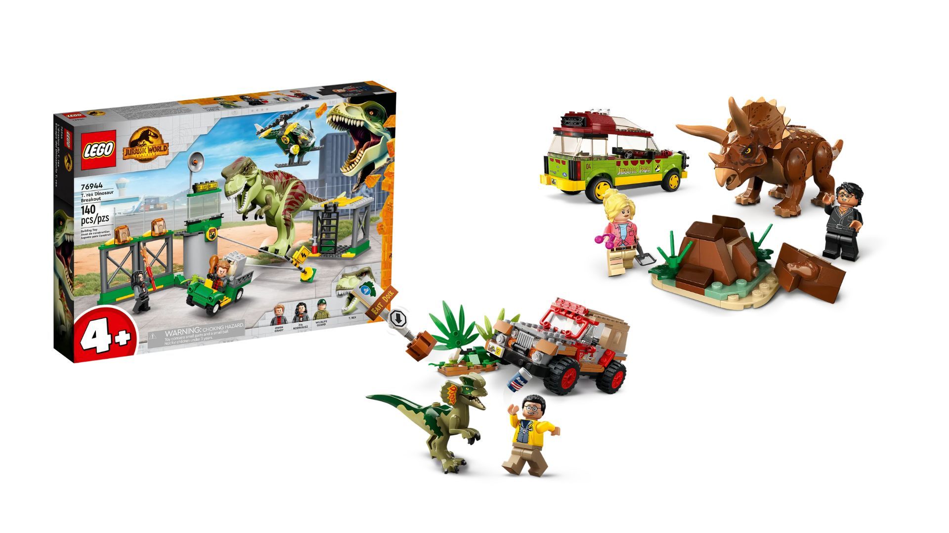 LEGO® Jurassic Park Triceratops Research, Dilophosaurus Ambush, and T. rex Dinosaur Breakout (right to left) against a white background