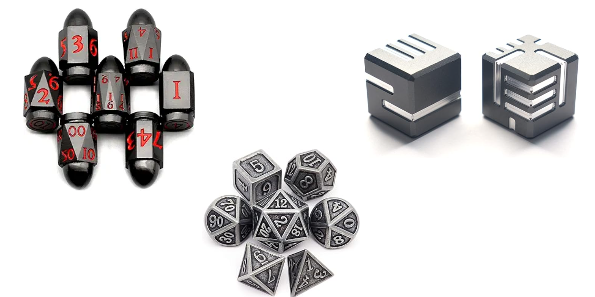 3 Metal Dice Set Against a White Background