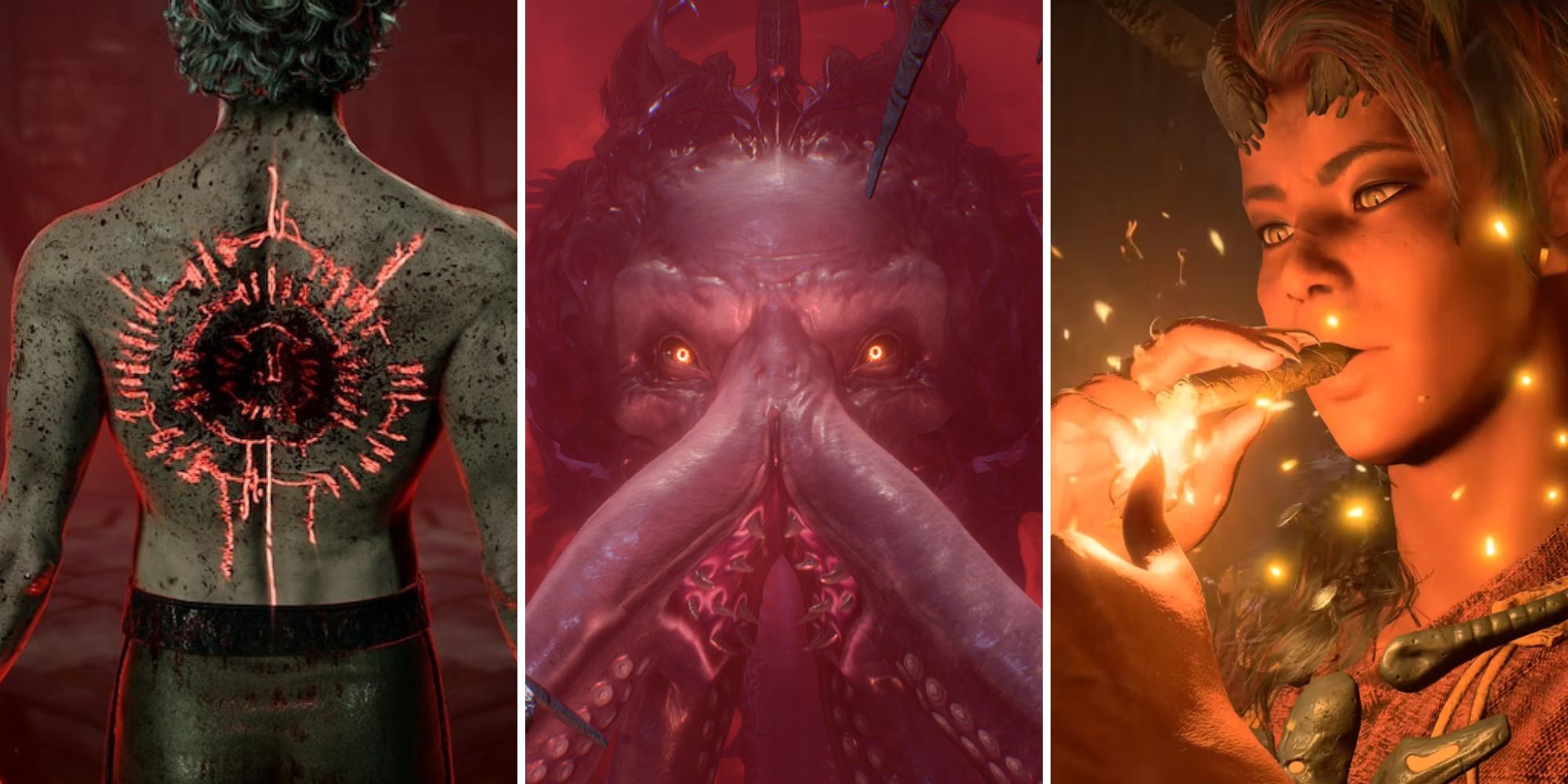 split image showing Karlach, the netherbrain, and astarion in Baldur's Gate 3