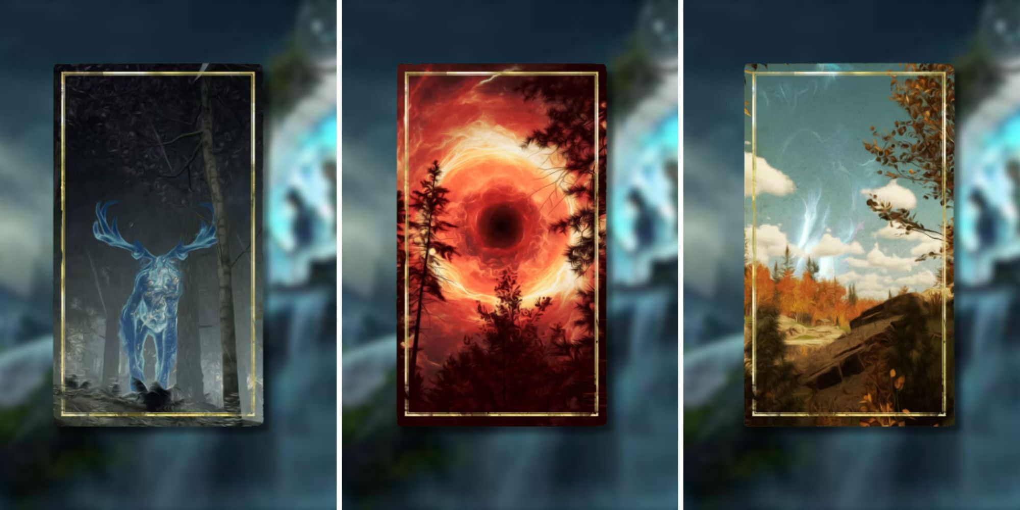 split image showing three different minor realm cards in nightingale