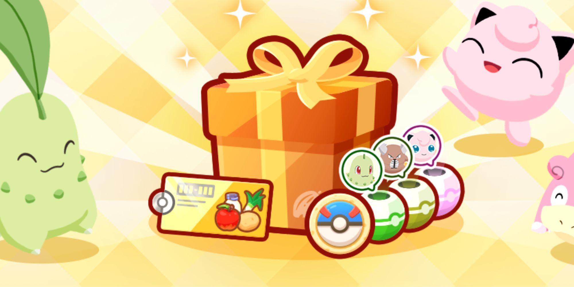 A screenshot of Pokemon Sleep showing Chikorita and Jigglypuff around a bundle of items