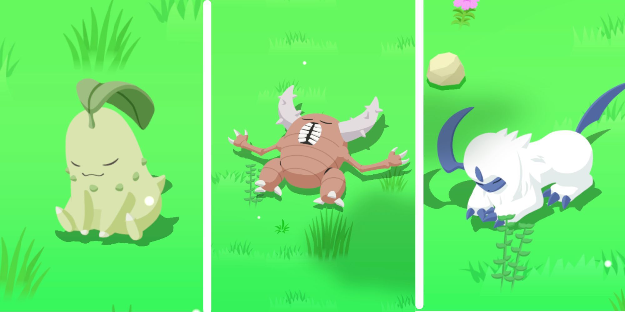 A screenshot of Chikorita, Pinsir, and Absol in Pokemon Sleep