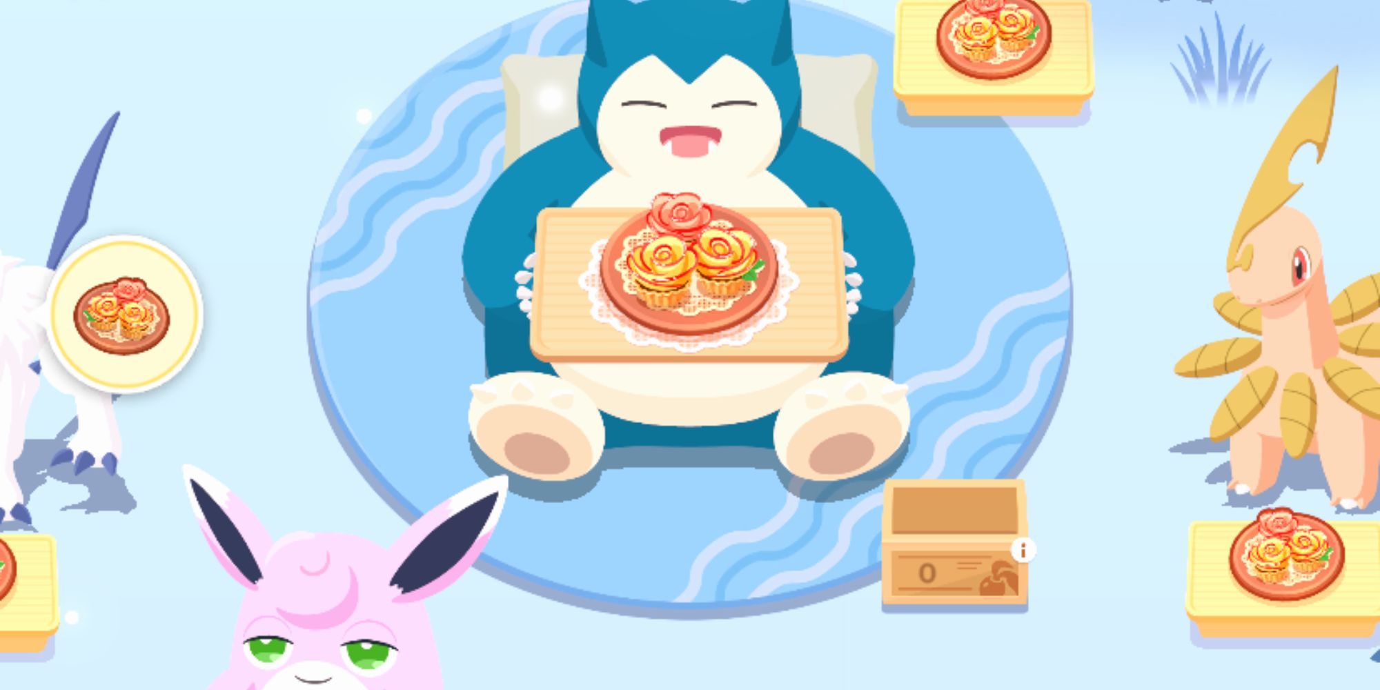 A screenshot of Snorlax and other Pokemon enjoying a Petal Dance Tart