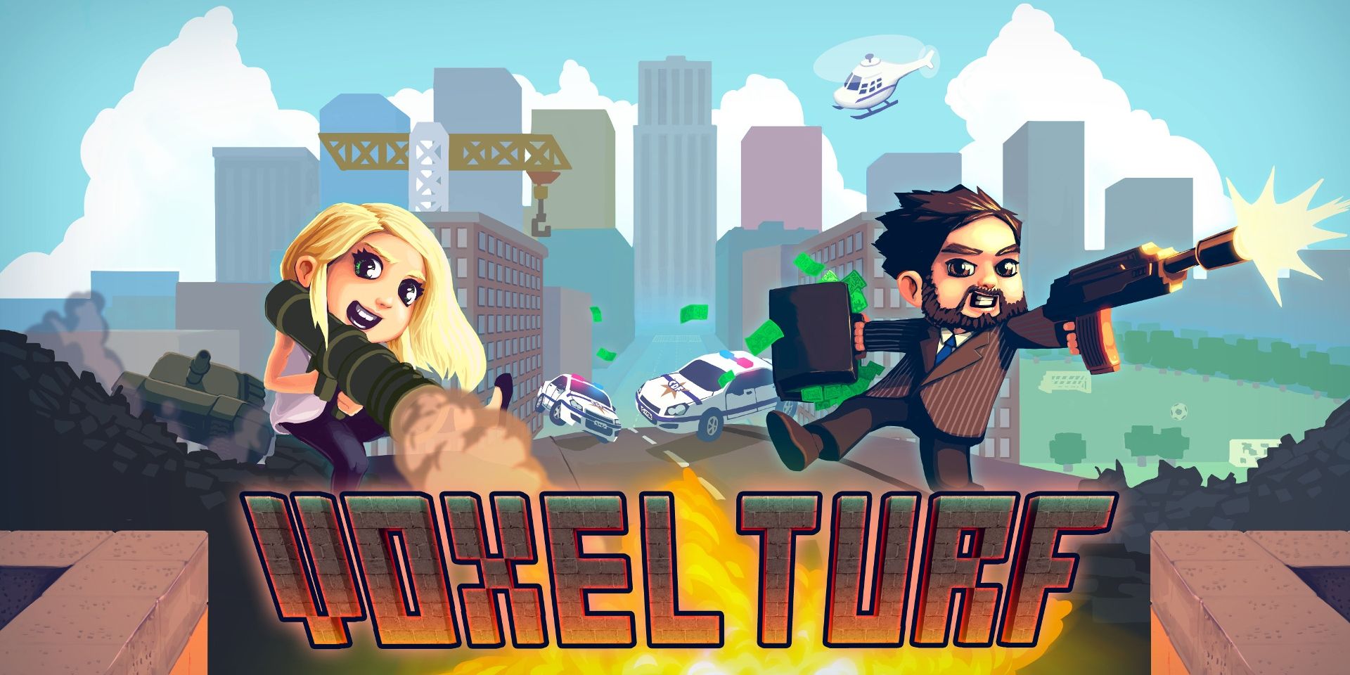 A blonde character shooting a bazooka and a brunette one shooting a machine gun and holding a suitcase while police cars chase behind them in Voxel Turf