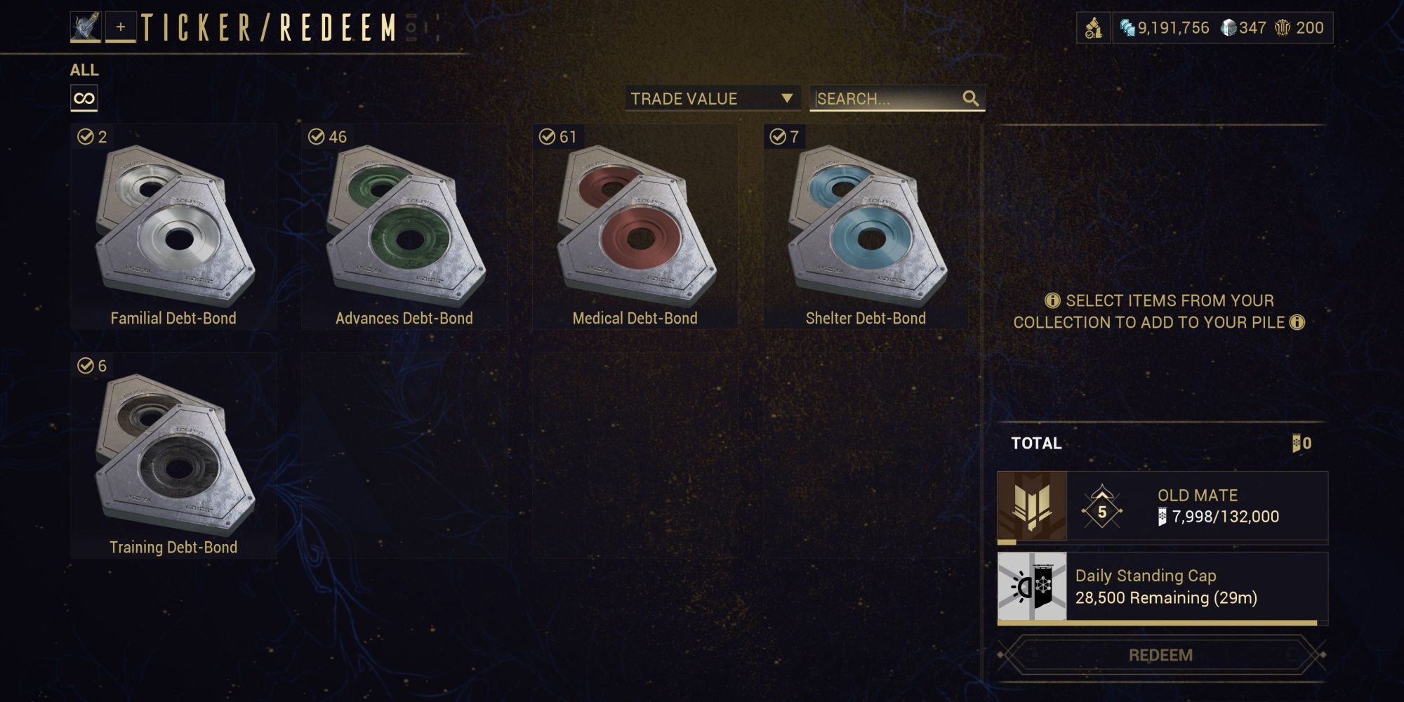 Warframe Debt-Bond Redeem Menu