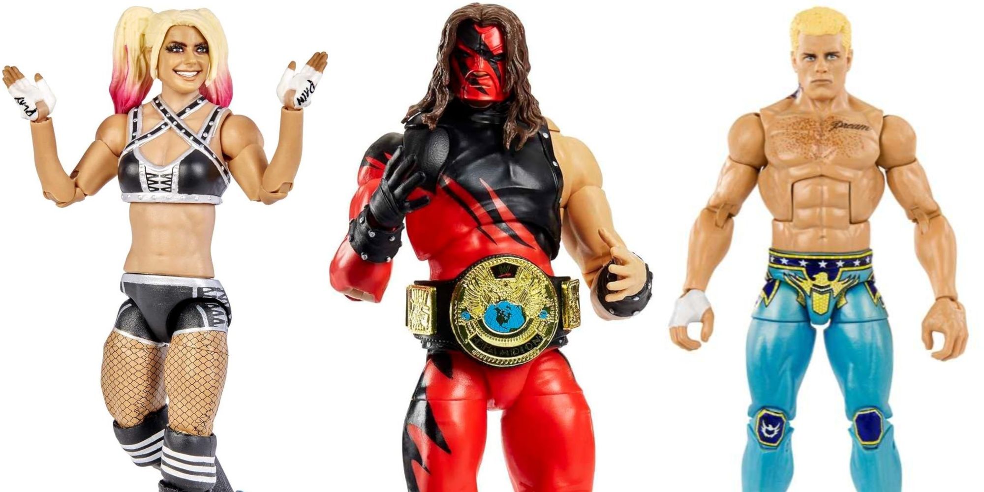 WWE Action Figures Featured Split Image Alexa Bliss, Kane, and Cody Rhodes