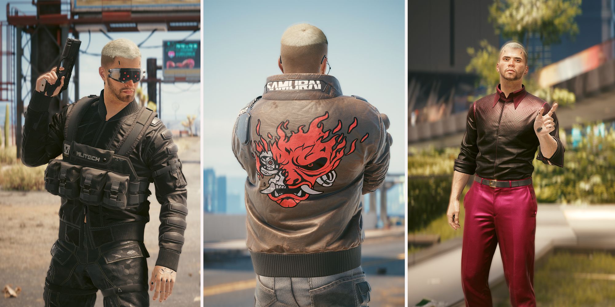 V posing with different clothing items in Cyberpunk 2077