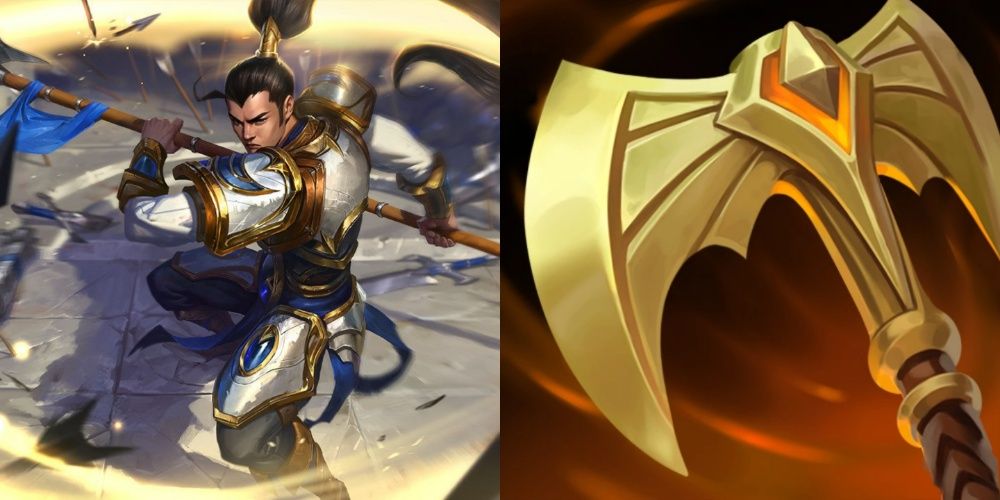 Xin Zhao splash art and Tiamat's Icon in League Of Legends.