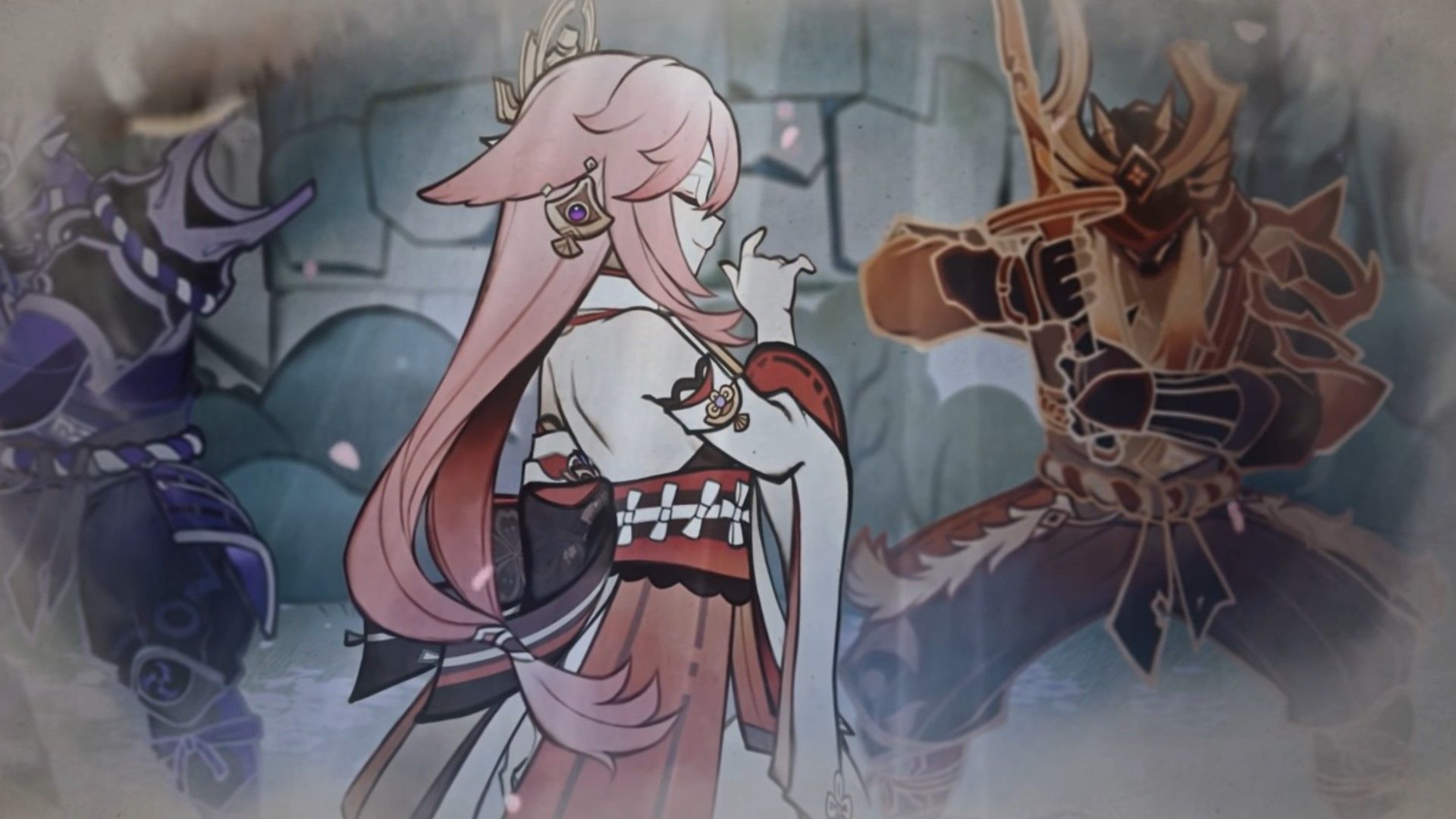 Genshin Impact's Yae Miko grins as she faces a samurai in combat.