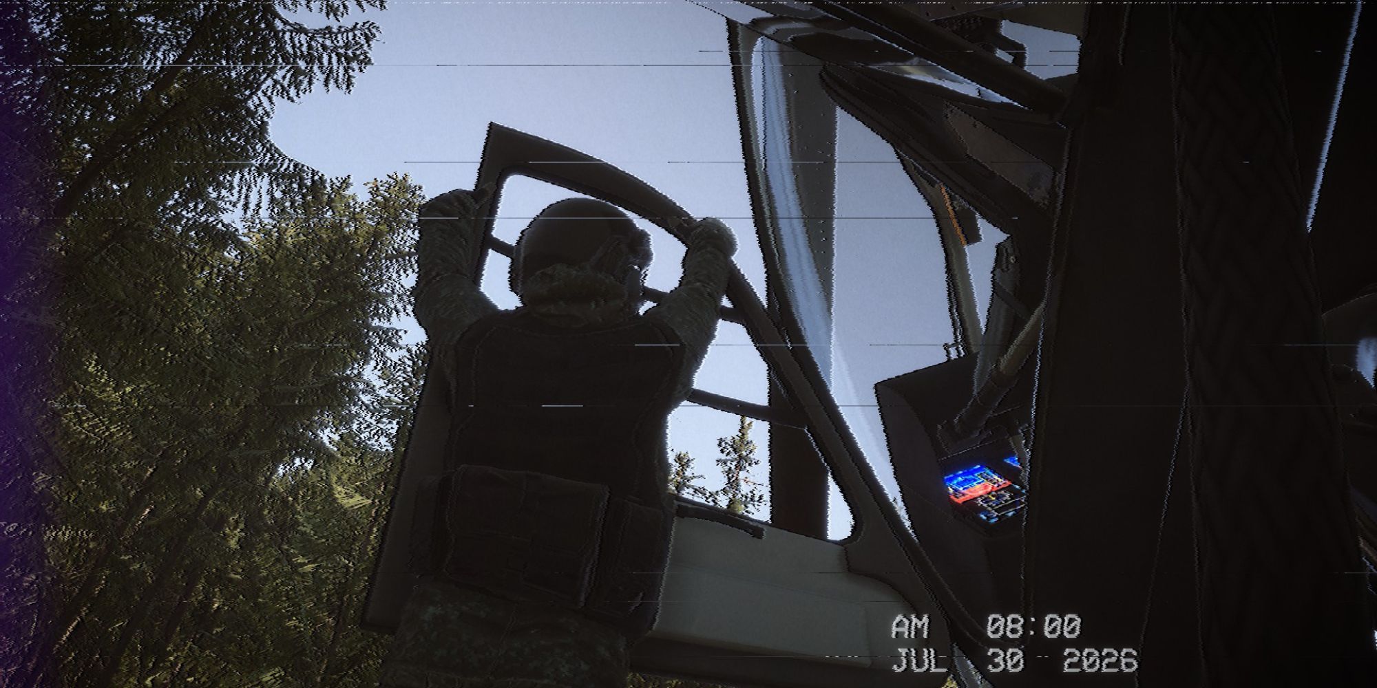 Player watches team member hang onto open door of helicopter as they crash, with in-game found footage filter