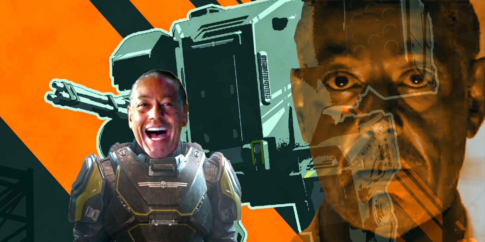 Giancarlo Esposito laughs in a Helldiver suit in front of a mech. On the right, Esposito's head staring solemnly into the camera is overlaid on the image.