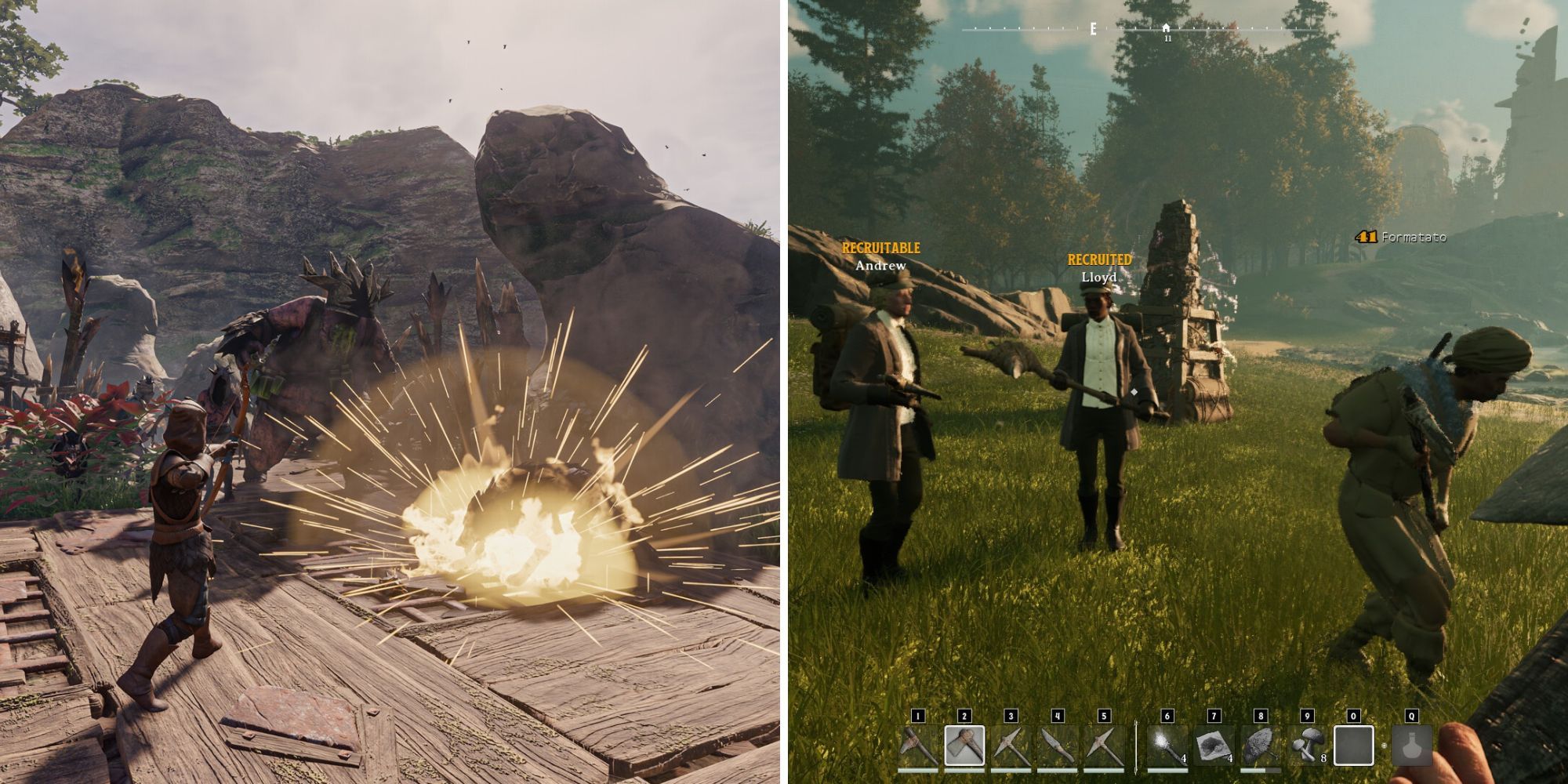 Left: Flameborn shoots explosive arrow at wolf; Right: Realmwaker with party's recruited companions at the estate cairn