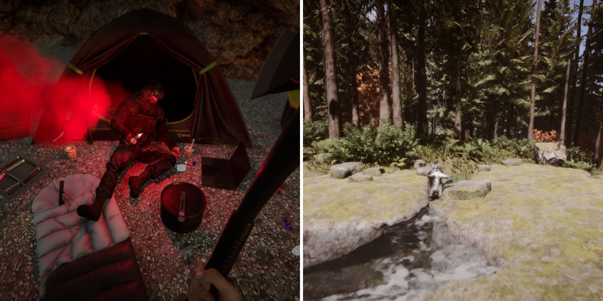 Sons of the Forest NPCs: left - A recently deceased soldier holding onto a flare surrounded by his camp supplies and tent; right - A raccoon stands on its hind legs to greet the player in the forest