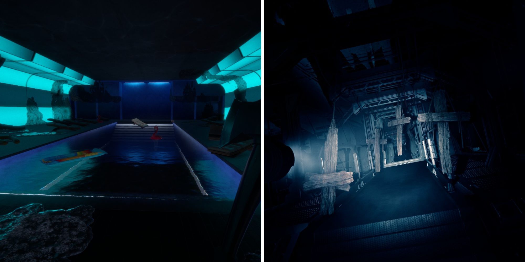 Sons of The Forest locations - left: a filled pool with floaties and an unknown substance in an abandoned underground bunker; right - multiple wooden crosses hang from inside a broken airship