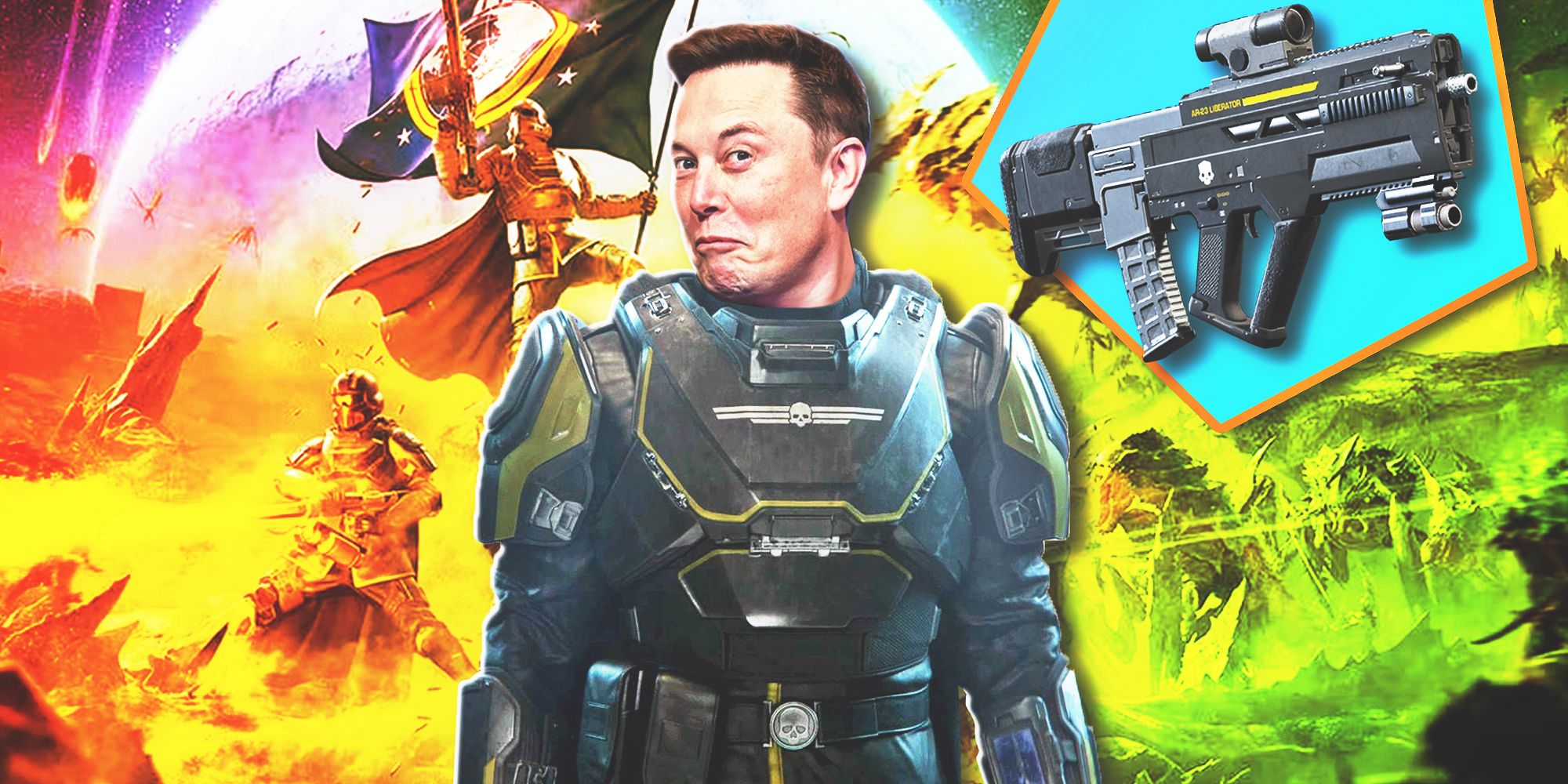 Elon making a gross face in a Helldivers suit, a gun in the top right corner, with soldiers killing Terminids in the background