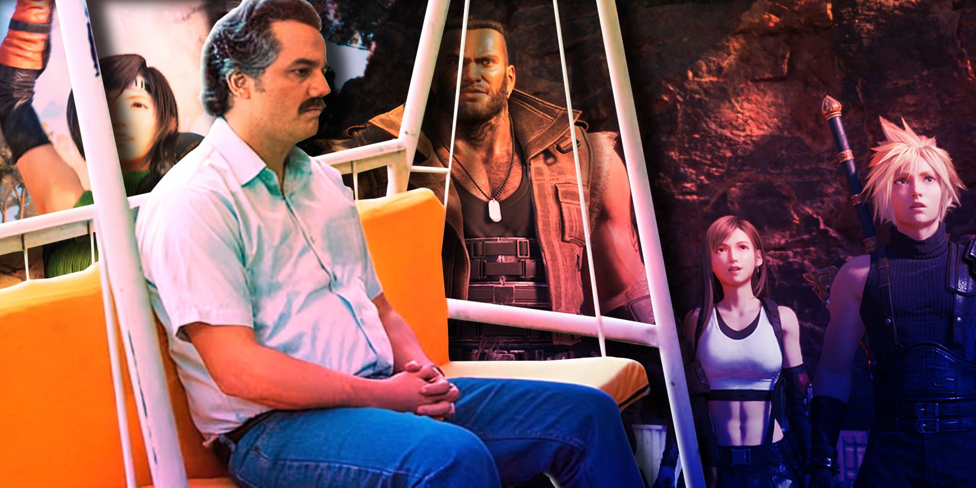 Sad Pablo Escobar sitting on a swing with FF7 Remake's characters in the background