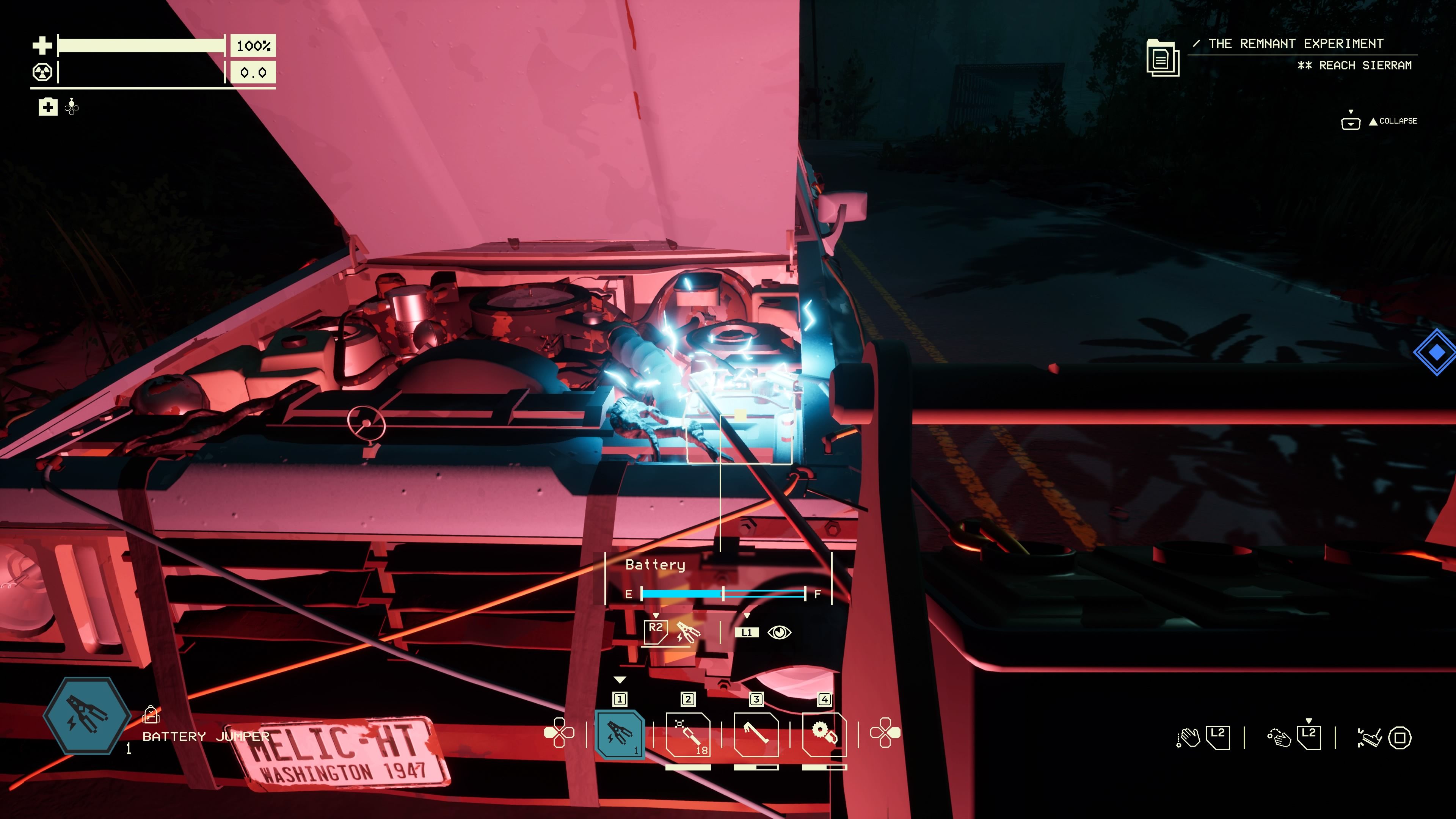 Player character using a Battery Jumper to recharge they car battery in the Zone at night in Pacific Drive.