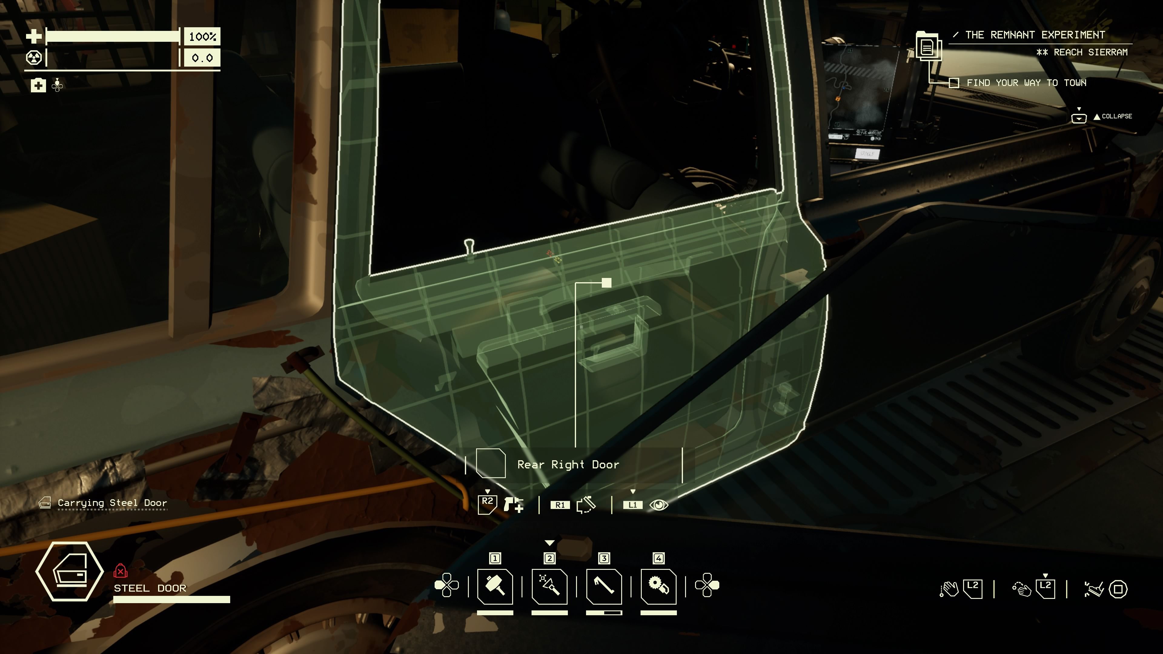 Player character holding a Steel Door and replacing one of the back car doors with it in Pacific Drive.
