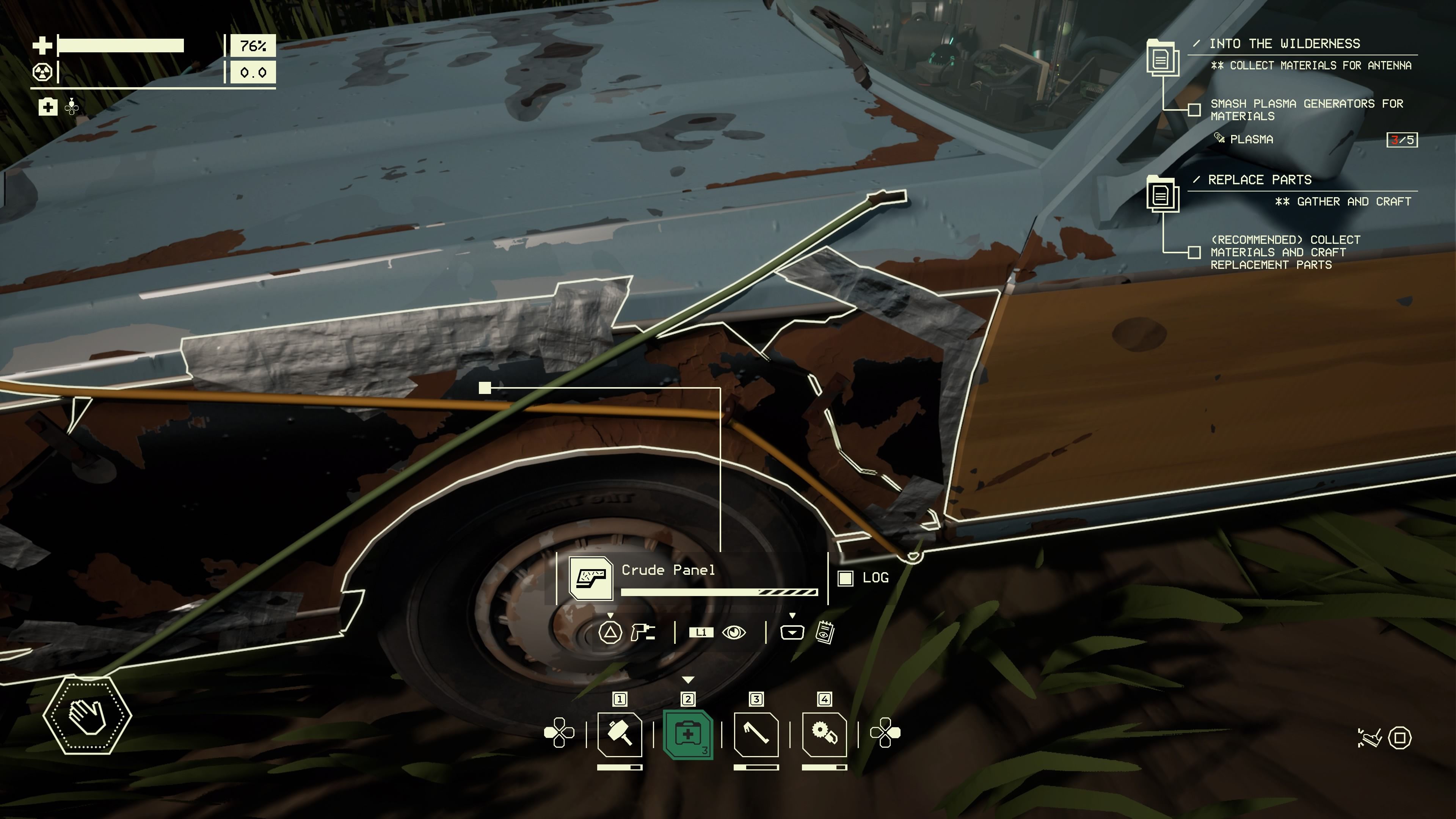 Crude Panel on the player's car with a chunk of its durability missing in Pacific Drive.