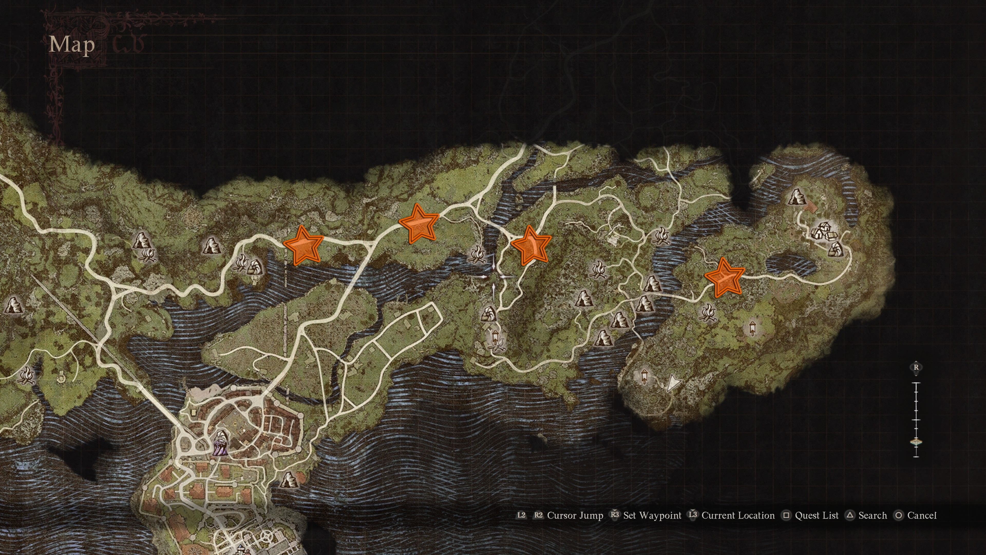 Map of eastern Vermund with four orange stars edited on to possible Phantom spawns in Dragon&rsquo;s Dogma 2.