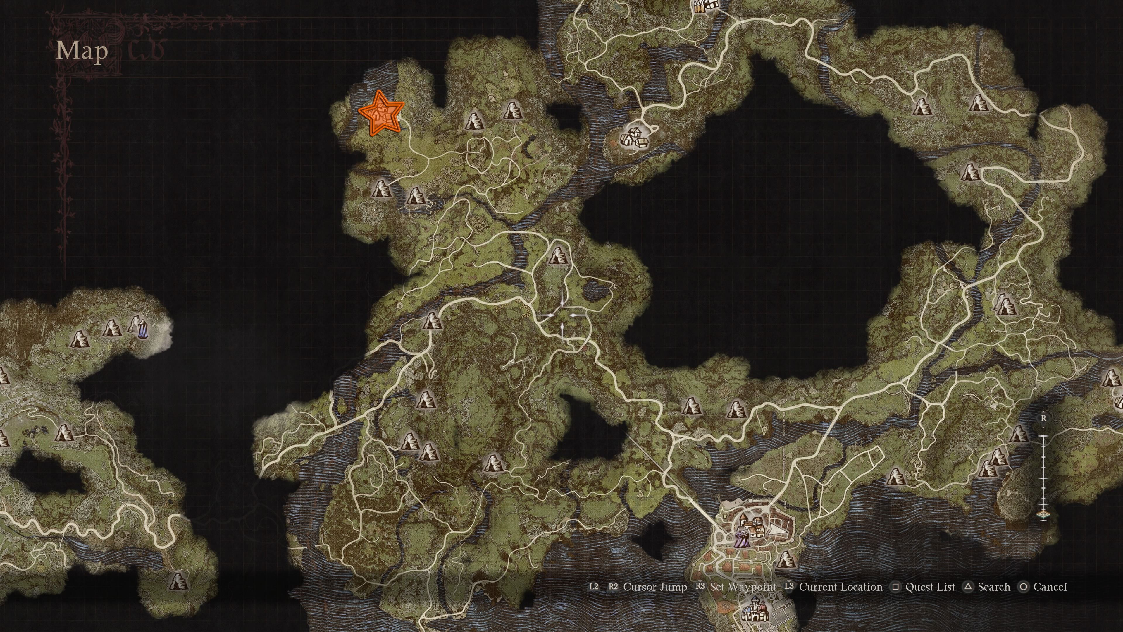 View of the map of Vermund with an orange star edited onto where the Sacred Arbor is in Dragon's Dogma 2.
