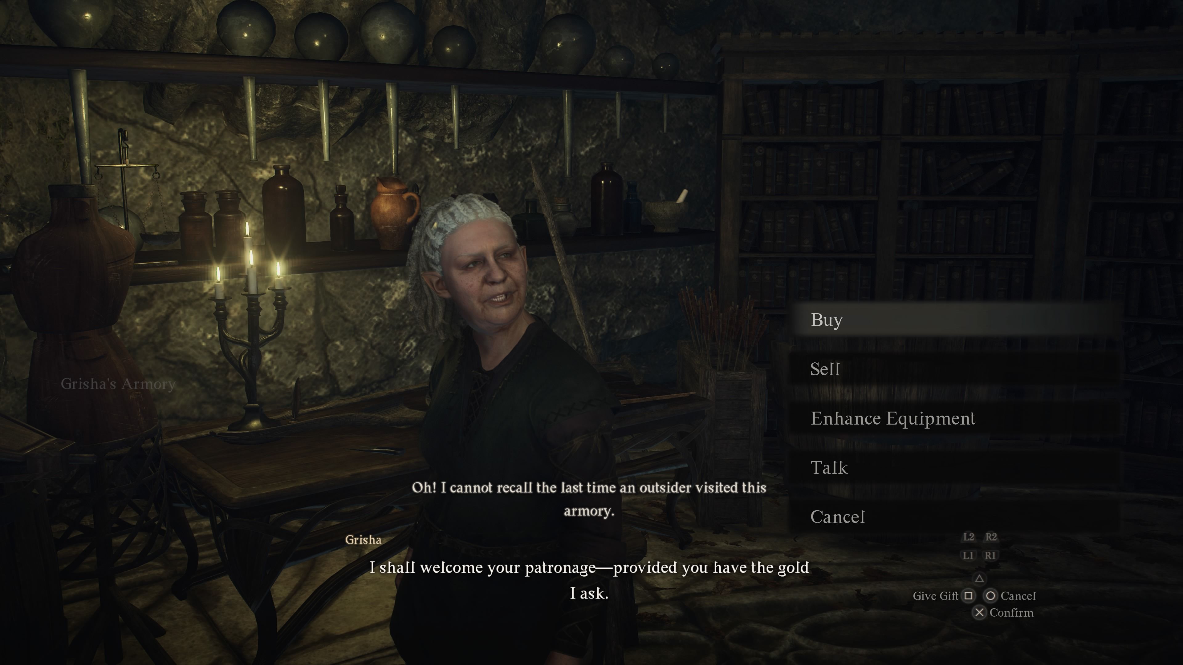 Player Arisen speaking to an elf named Grisha who runs an armor and weapon store in Dragon's Dogma 2.