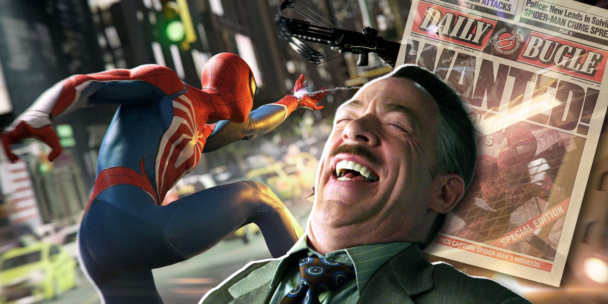 Collage image with Insomniac's Peter Parker Spider-Man sending out a web on the left, with the J.K. Simmons J. Jonah Jameson laughing at the bottom, and a Daily Bugle that has a big headline reading 