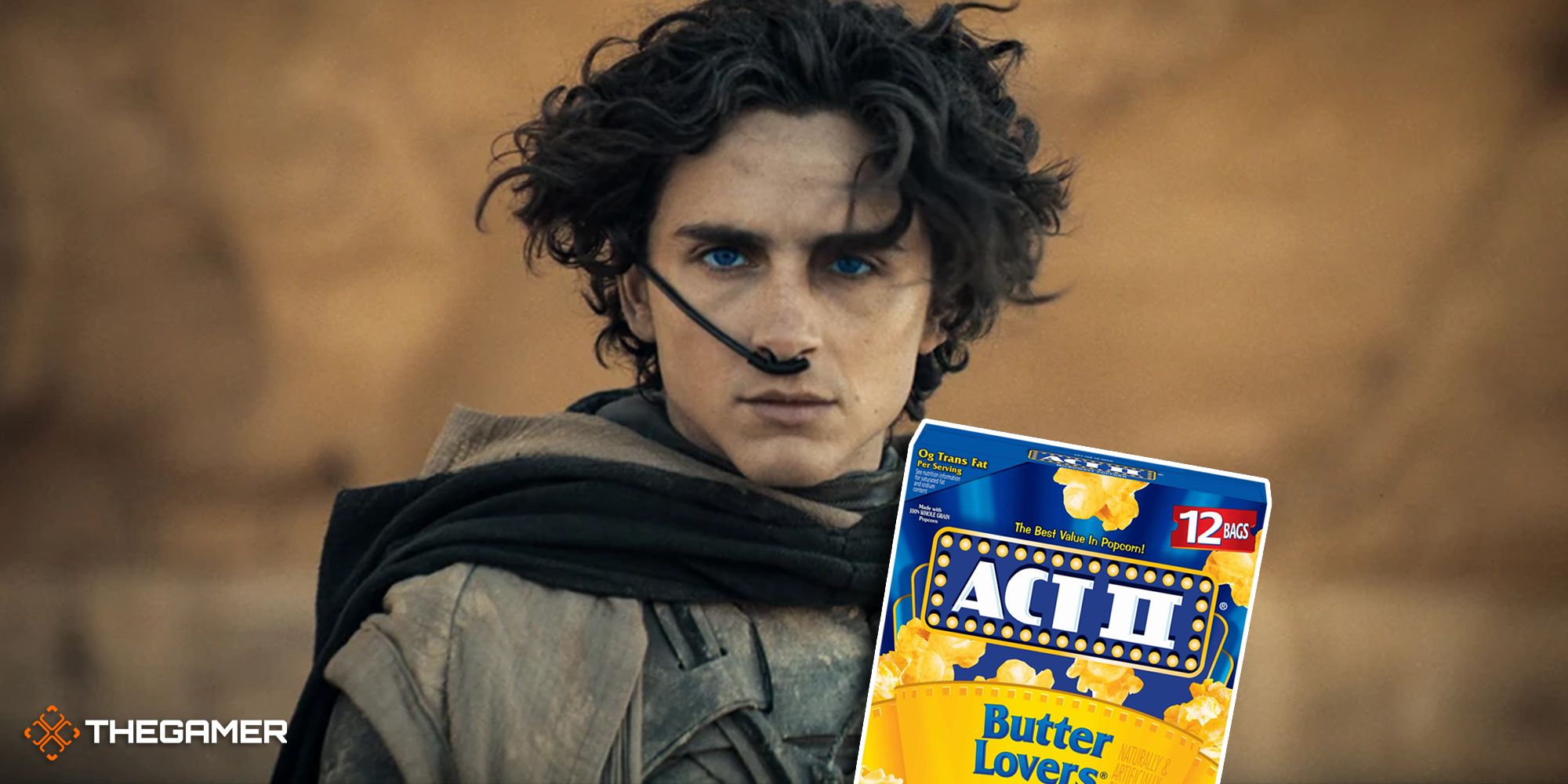 Timothee Chalamet staring into the distance as Paul Atreides with a box of Act 2 Popcorn