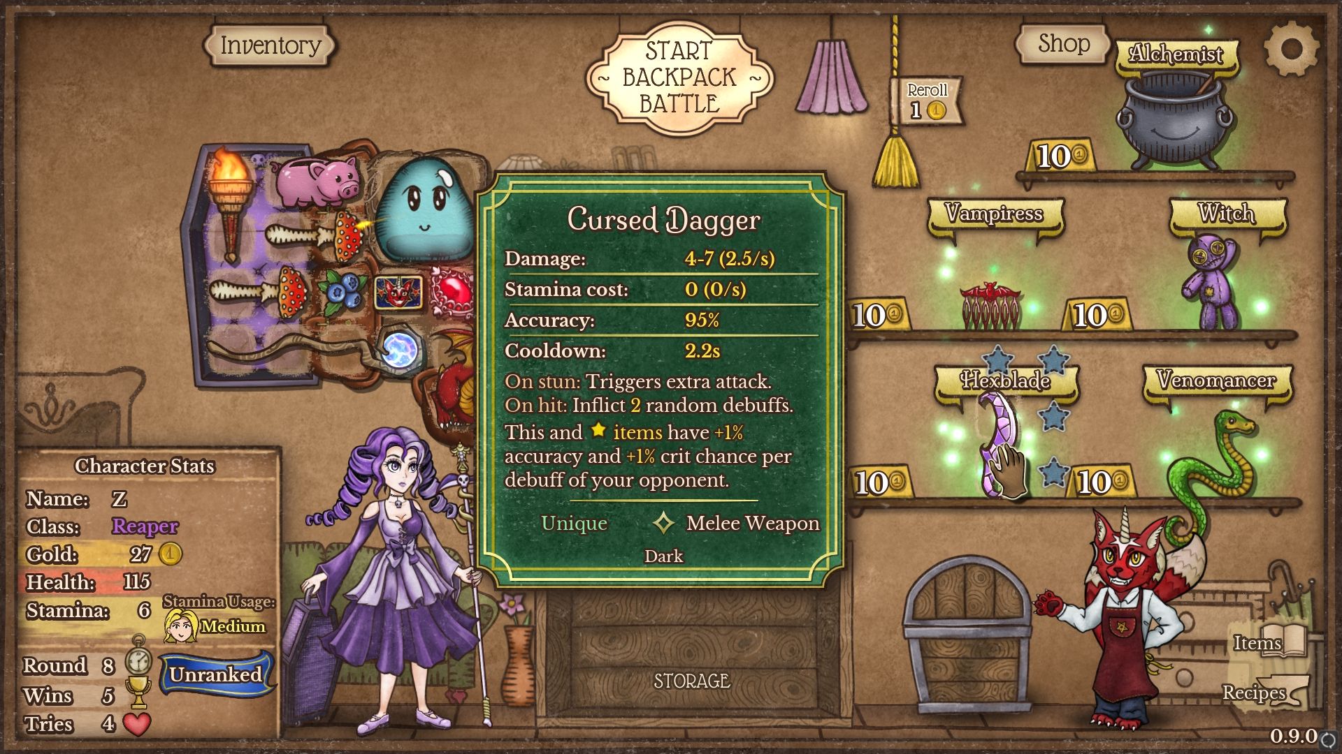 The Cursed Dagger showing up in the shop in Backpack Battles