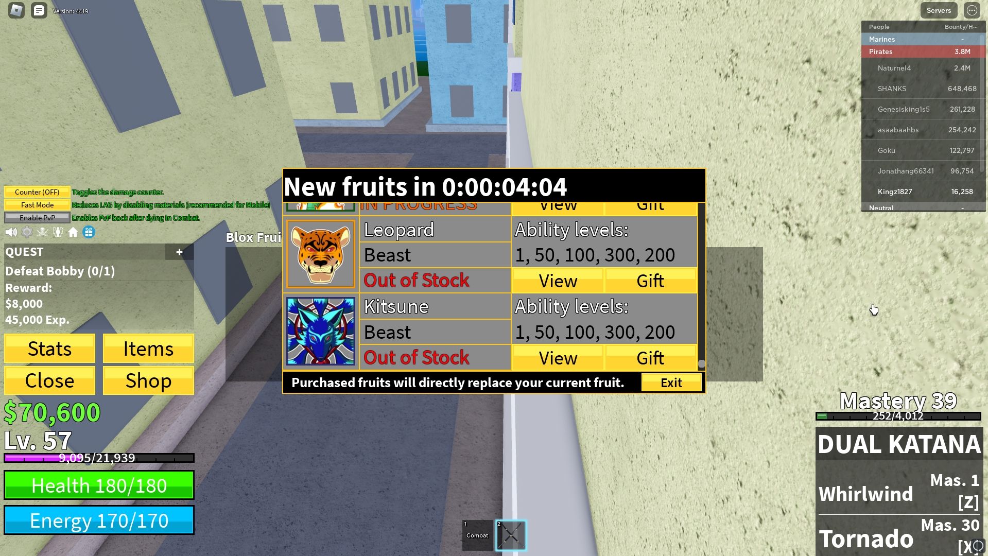 Waiting for Kitsune to restock from the Blox Fruit Dealer in Roblox