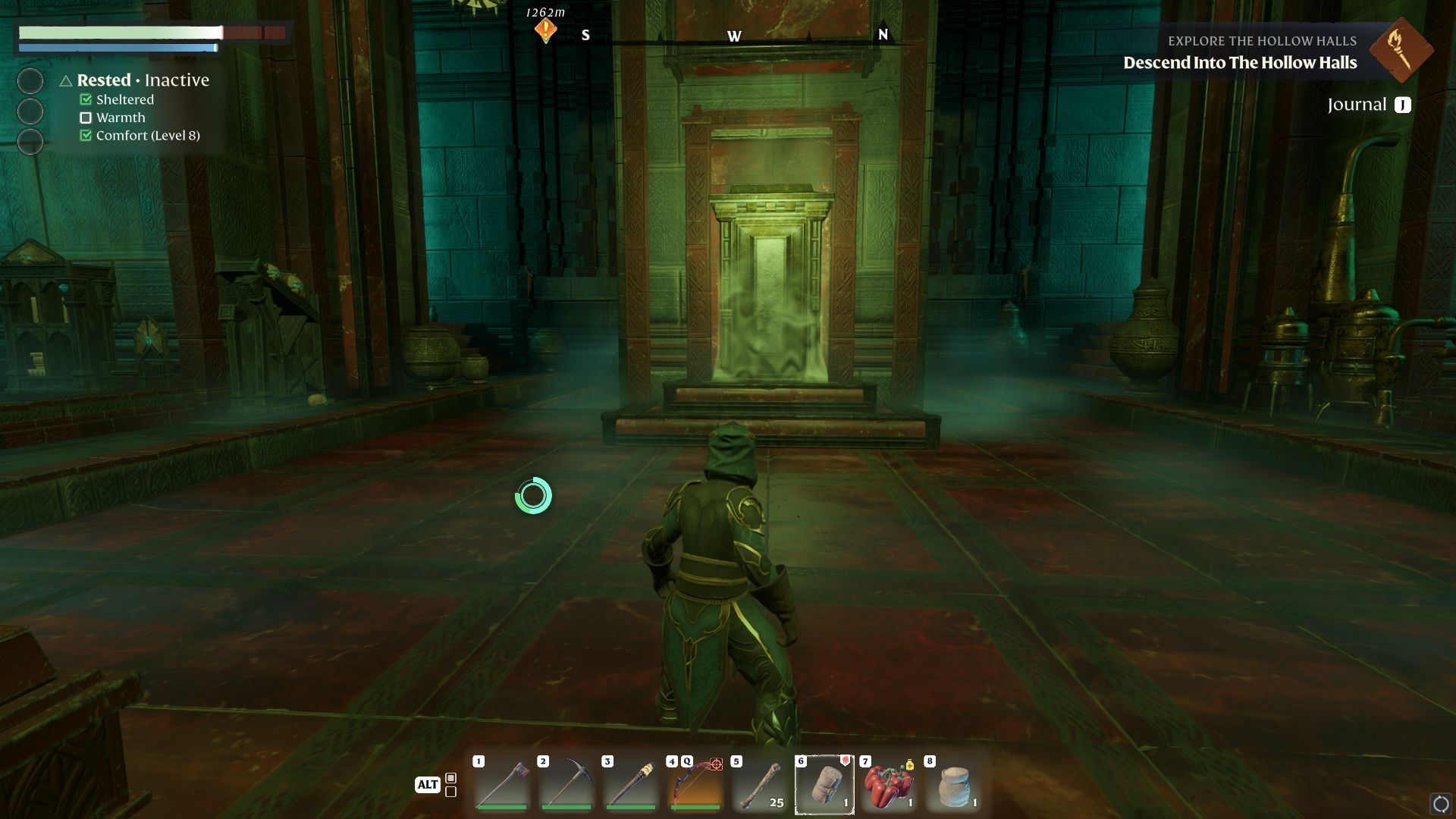 An odd-looking shiny coffin at the end of the Hollow Halls in Enshrouded