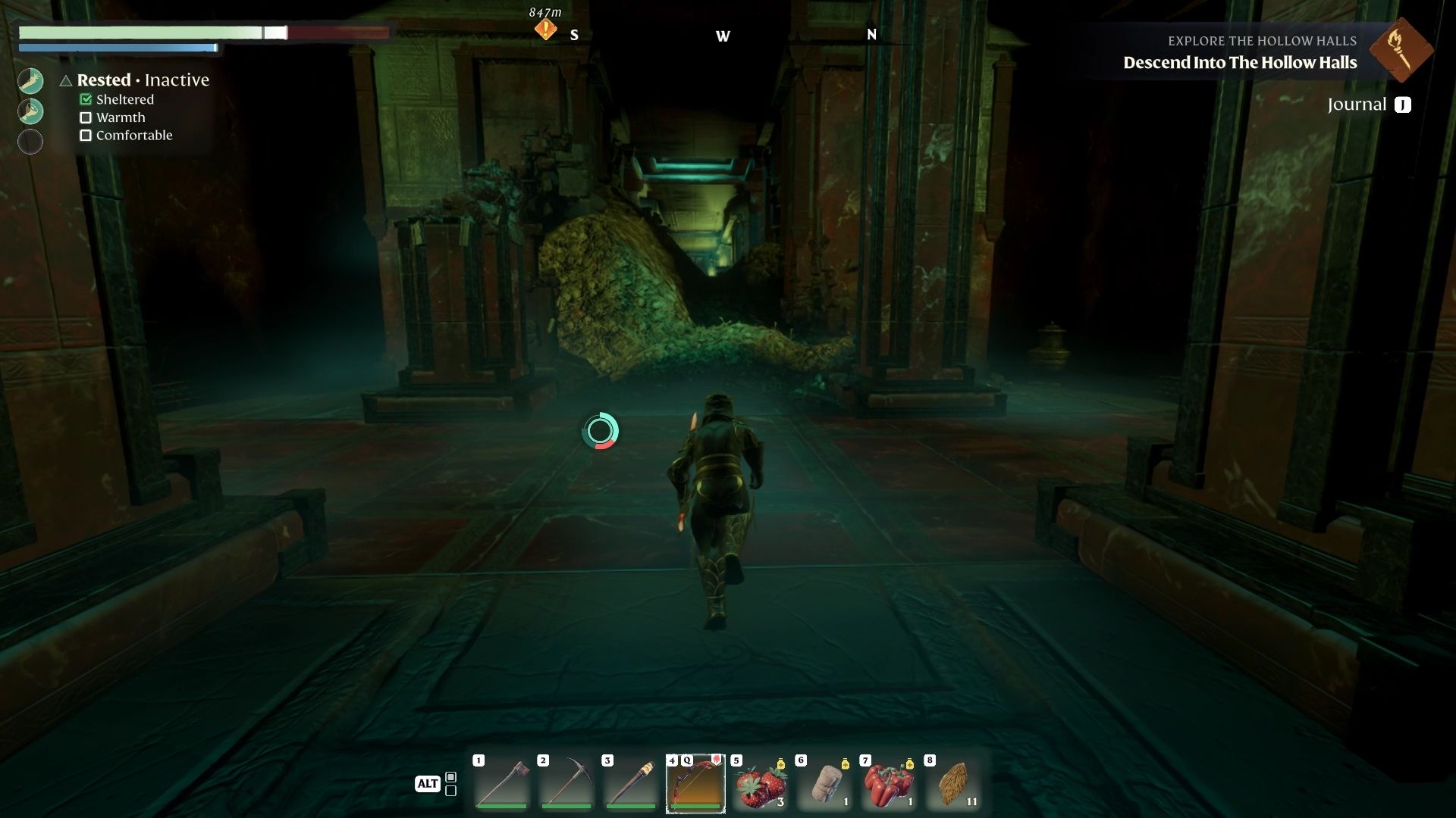 A big pile of bones blocking the middle path in the Hollow Halls in Enshrouded