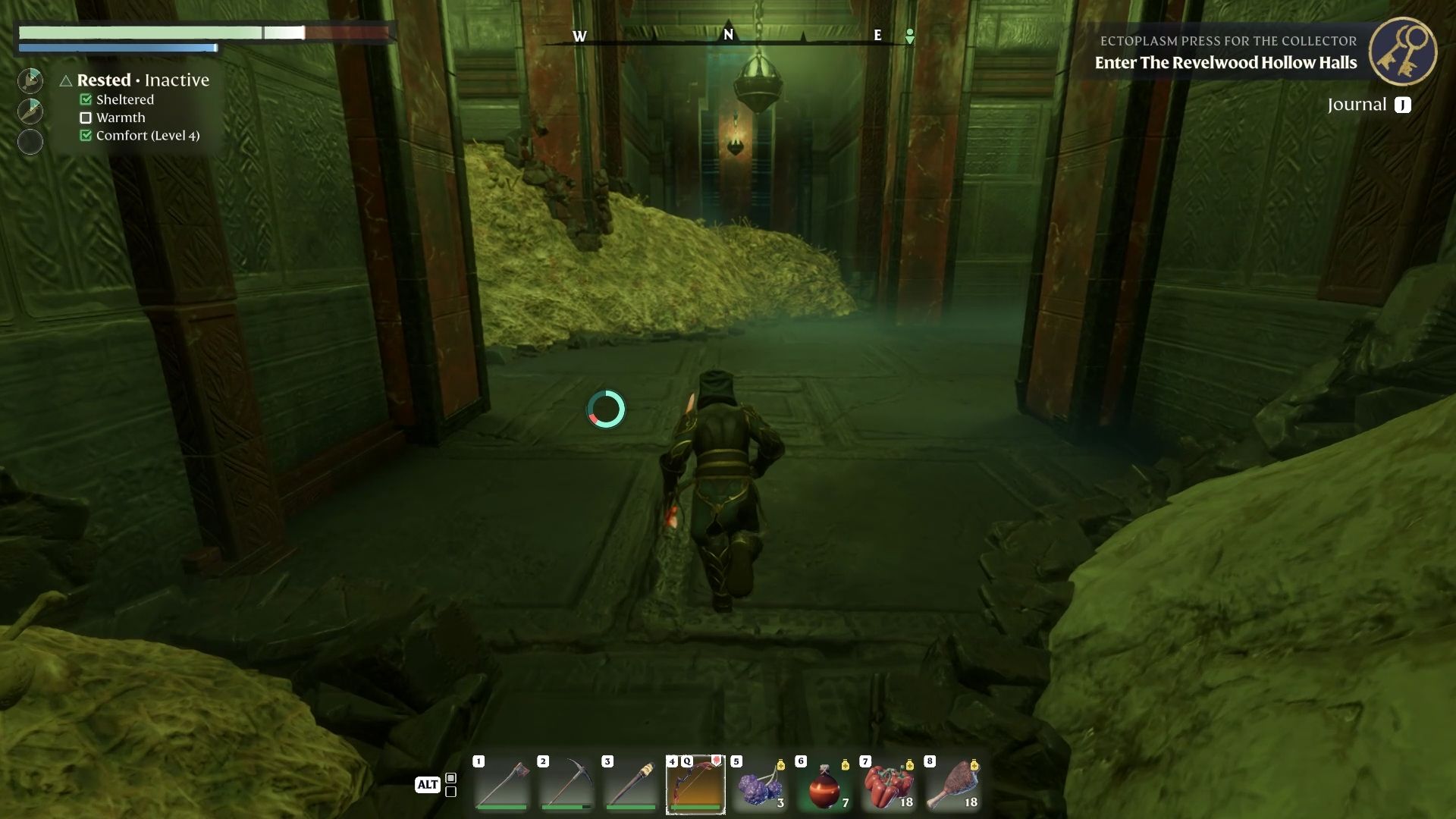 Sprinting to an intersection while searching for the second orange rune in Revelwood Hollow Halls in Enshrouded