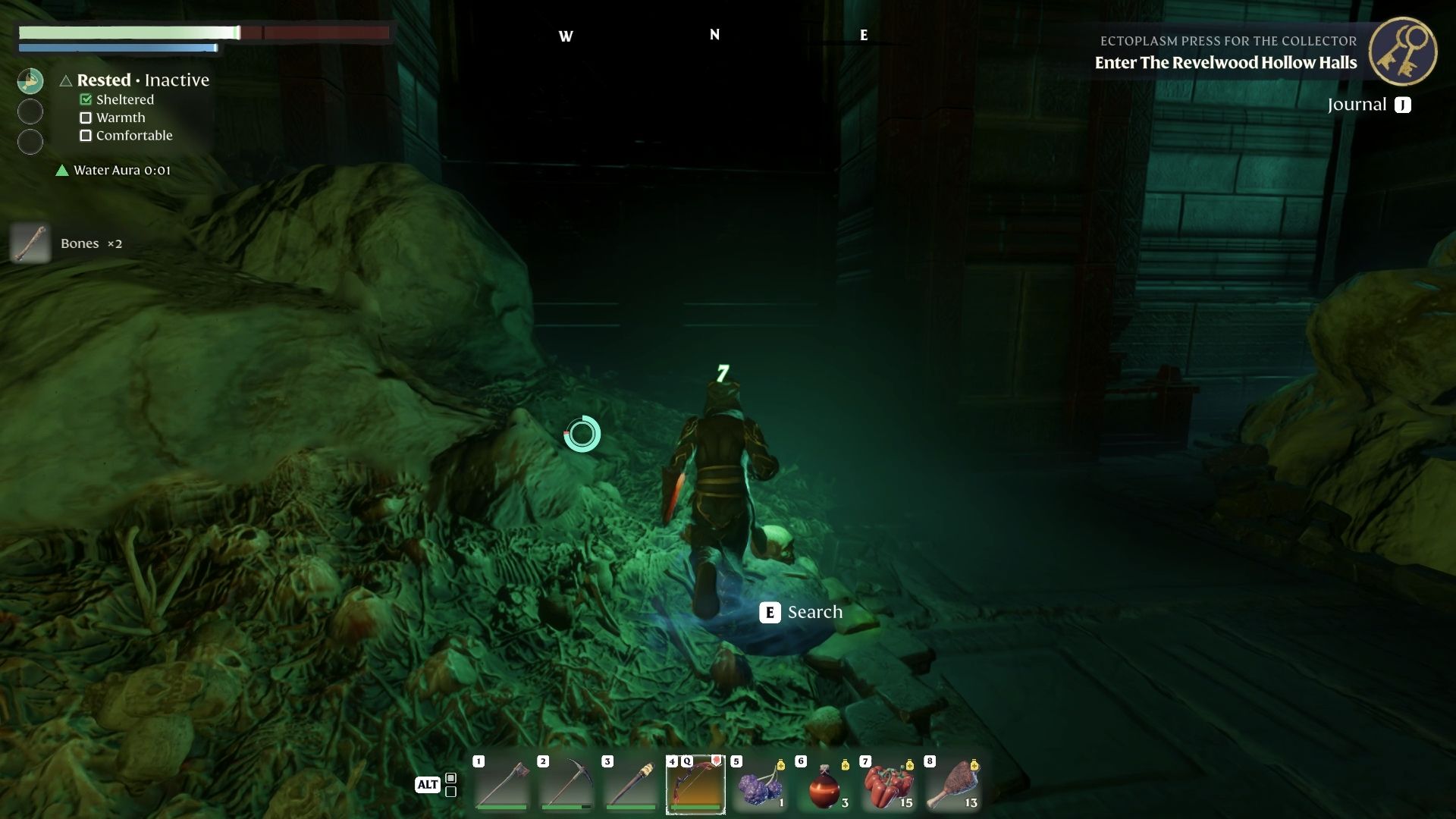 A door smothered by a pile of bones in Revelwood Hollow Halls in Enshrouded