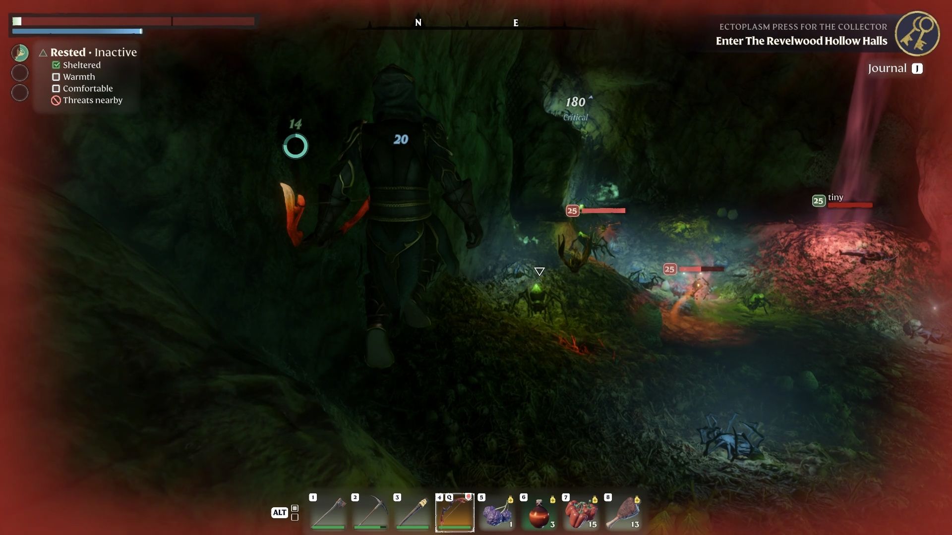 Fighting several spiders in Revelwood Hollow Halls in Enshrouded